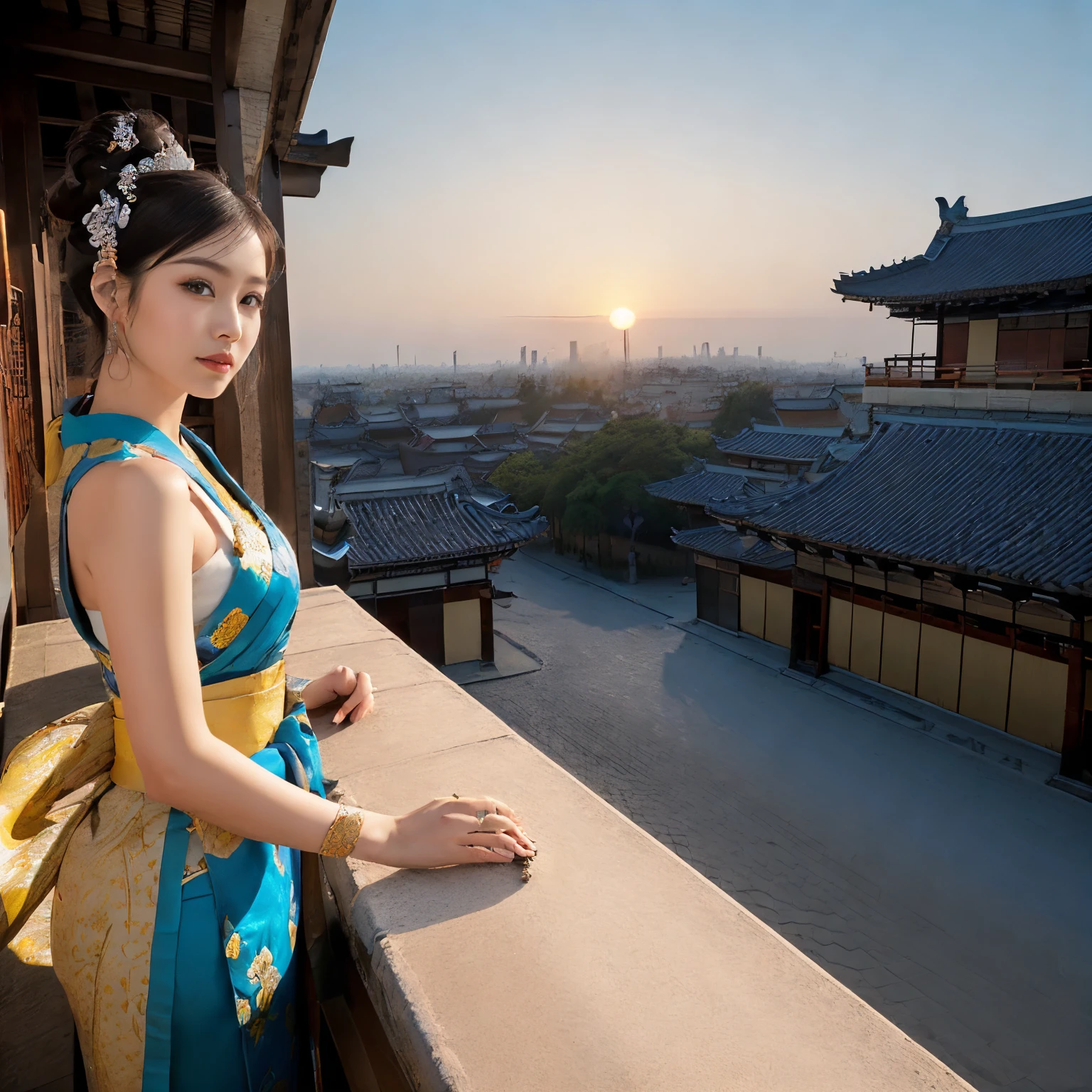 ((highest quality、Tabletop、8k、Best image quality、Extremely intricate and detailed、big bright sunset、Very high saturation))、(1 photo:1.7)、(Overall image:1.7)、(the princess is near、A deep Heian period townscape:1.7)、(Close-up photo of a woman :1.5)、(Take a photo from the upper body of the princess:1.5)、(very bright sunset sky:1.3)、((1. Princess、Queen、Princess of the Heian period、perfect chignon、Mainly female close-ups、Standing against the background of a gorgeous city、High class courtesan kimono))、((Atmosphere of the Heian period、Gorgeous Heian period townscape、A panoramic view of the vast capital of the Heian period、A huge and majestic Niwa-lacquered building、Beautiful and perfect Heiankyo、beautiful and luxurious tiled roof、Overlooking many luxurious buildings、Beautiful sunset、Amazing sunset、Amazing sunset、bright and bright sunset、Great cinema lighting、luxurious and complex building、A stunning reproduction of the Heian capital、Luxurious cityscape from the Heian period、A stunning reproduction of Japan'Heian period))、(Look at me、Look at the viewers、Perfect Anatomy、The best smile、The happiest smile)