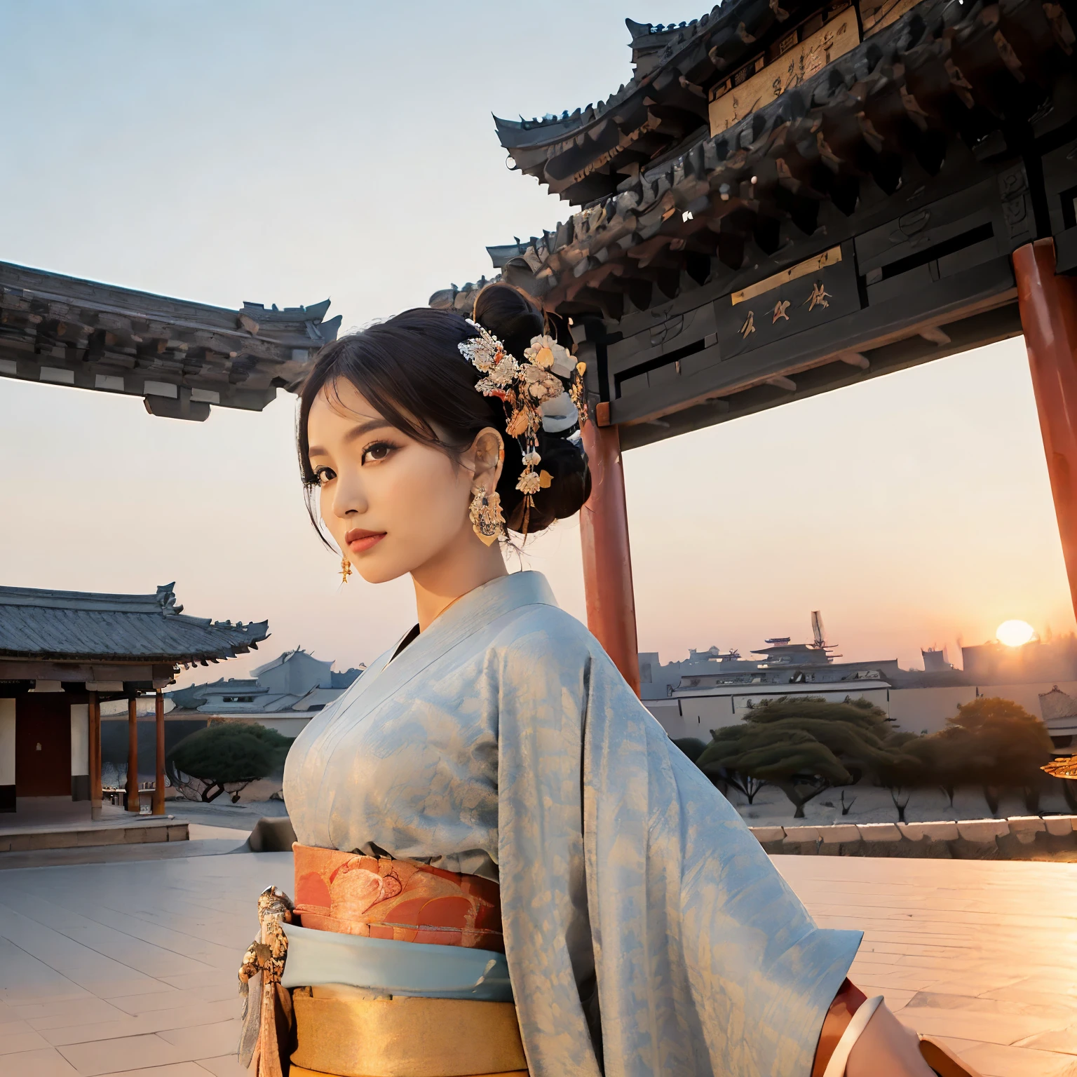 ((highest quality、Tabletop、8k、Best image quality、Extremely intricate and detailed、big bright sunset、Very high saturation))、(1 photo:1.7)、(Overall image:1.7)、(the princess is near、A deep Heian period townscape:1.7)、(Close-up photo of a woman :1.5)、(Take a photo from the upper body of the princess:1.5)、(very bright sunset sky:1.3)、((1. Princess、Queen、Princess of the Heian period、perfect chignon、Mainly female close-ups、Standing against the background of a gorgeous city、High class courtesan kimono))、((Atmosphere of the Heian period、Gorgeous Heian period townscape、A panoramic view of the vast capital of the Heian period、A huge and majestic Niwa-lacquered building、Beautiful and perfect Heiankyo、beautiful and luxurious tiled roof、Overlooking many luxurious buildings、Beautiful sunset、Amazing sunset、Amazing sunset、bright and bright sunset、Great cinema lighting、luxurious and complex building、A stunning reproduction of the Heian capital、Luxurious cityscape from the Heian period、A stunning reproduction of Japan'Heian period))、(Look at me、Look at the viewers、Perfect Anatomy、The best smile、The happiest smile)