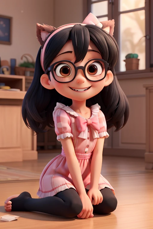 3d character, 8 years old girl, pink dress with bows, white skin with long straight black hair with a black eye color, thin nose, front position with a thin body, wearing glasses, an anime headband, full body and smiling., spread legs, sitting,