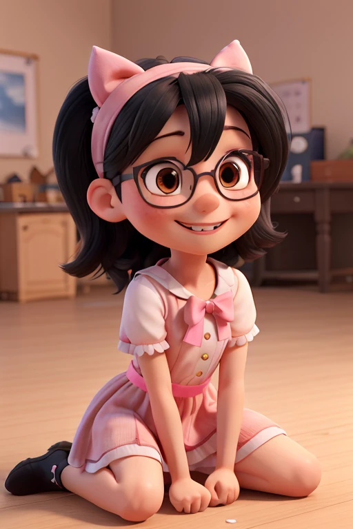 3d character, 8 years old girl, pink dress with bows, white skin with long straight black hair with a black eye color, thin nose, front position with a thin body, wearing glasses, an anime headband, full body and smiling., spread legs, sitting, 