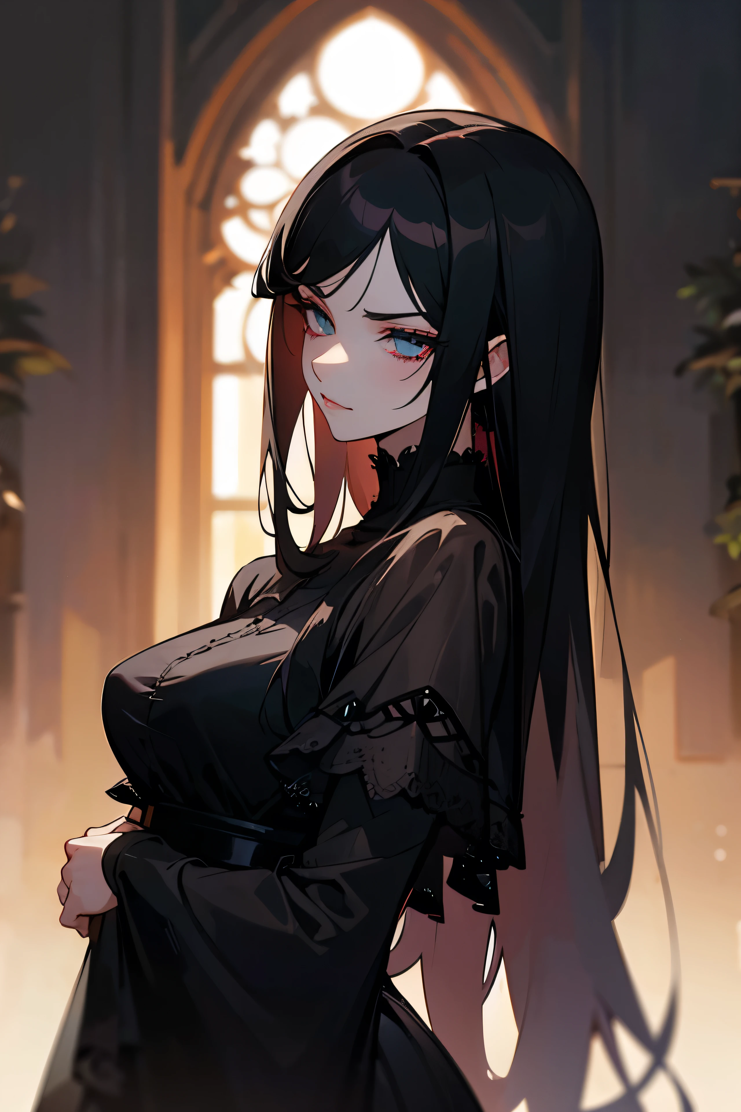 masterpiece, (midnight), anime female, 1woman, gothic, vampires, inside dark mansion, stoic, aloof, serious, hot, ((mature)), breasts, eyelashes, black hair, light eyes, no bangs, long hair, sheer