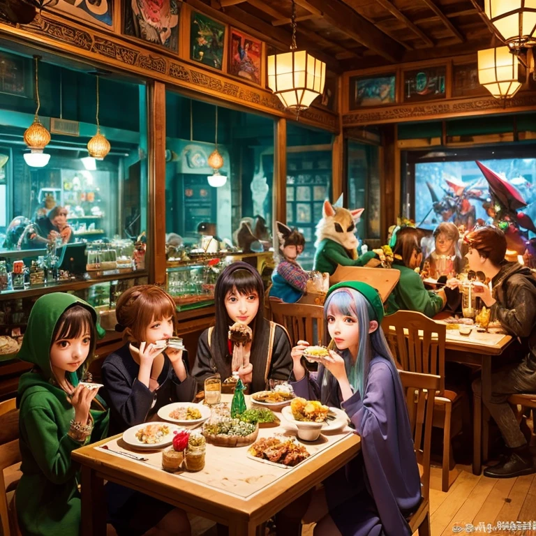 A group of anime characters and various anthropomorphic animals, including cat girls, wolf girls, elves, and robots, are sitting around the table.，Enjoying food and drinks，The atmosphere is lively and lively。The roles have（Beautiful and delicate eyes，Beautiful and delicate lips，Extremely detailed eyes and face，Long eyelashes）。They are depicted in popular anime style，Set in an otherworldly environment with fantasy elements。The scene resembles a still from the TV anime series，Captures moments of everyday life in the world of animation。 This work of art has（high quality：1.2、4k resolution、lifelike），Featuring ultra-detailed visuals，Exhibits complex design of characters and environments。Lighting is carefully designed，Bright colors，Focus is clear，Create a studio-like atmosphere。Rich scene textures，showing traditional illustrations、oil painting、3D Rendering、The use of various materials such as photography technology。 There are all kinds of delicious food around the characters（anime themed food：1.1、Mouthwatering desserts、unique drinks），Create an active atmosphere。The food is intricately detailed，Demonstrates the artist&#39;s attention to detail in creating appetizing and visually appealing dishes。The scene is reminiscent of a festive gathering，Highlight the joy of sharing food and companionship。 The composition and framing of the artwork captures the essence of the anime genre，Emphasis is on character interaction and dynamic poses。Each character&#39;s personality comes through in their expressions、poses and clothing show，Adds depth and complexity to scenes。the background depicts an otherworldly environmen elements are inspired by fantasy and adventure。 （concept art：1.1、landscape、portrait）The use of technology adds depth and dimension to the overall artwork。 