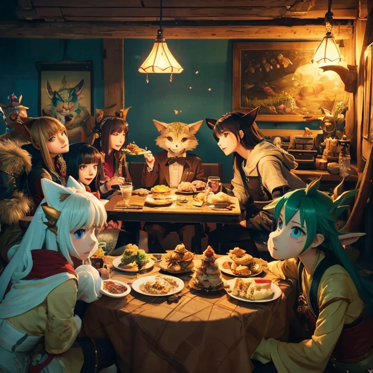 A group of anime characters and various anthropomorphic animals, including cat girls, wolf girls, elves, and robots, are sitting around the table.，Enjoying food and drinks，The atmosphere is lively and lively。The roles have（Beautiful and delicate eyes，Beautiful and delicate lips，Extremely detailed eyes and face，Long eyelashes）。They are depicted in popular anime style，Set in an otherworldly environment with fantasy elements。The scene resembles a still from the TV anime series，Captures moments of everyday life in the world of animation。 This work of art has（high quality：1.2、4k resolution、lifelike），Featuring ultra-detailed visuals，Exhibits complex design of characters and environments。Lighting is carefully designed，Bright colors，Focus is clear，Create a studio-like atmosphere。Rich scene textures，showing traditional illustrations、oil painting、3D Rendering、The use of various materials such as photography technology。 There are all kinds of delicious food around the characters（anime themed food：1.1、Mouthwatering desserts、unique drinks），Create an active atmosphere。The food is intricately detailed，Demonstrates the artist&#39;s attention to detail in creating appetizing and visually appealing dishes。The scene is reminiscent of a festive gathering，Highlight the joy of sharing food and companionship。 The composition and framing of the artwork captures the essence of the anime genre，Emphasis is on character interaction and dynamic poses。Each character&#39;s personality comes through in their expressions、poses and clothing show，Adds depth and complexity to scenes。the background depicts an otherworldly environmen elements are inspired by fantasy and adventure。 （concept art：1.1、landscape、portrait）The use of technology adds depth and dimension to the overall artwork。 