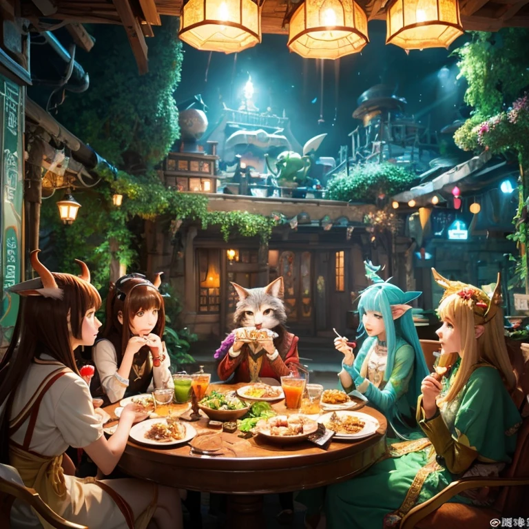 A group of anime characters and various anthropomorphic animals, including cat girls, wolf girls, elves, and robots, are sitting around the table.，Enjoying food and drinks，The atmosphere is lively and lively。The roles have（Beautiful and delicate eyes，Beautiful and delicate lips，Extremely detailed eyes and face，Long eyelashes）。They are depicted in popular anime style，Set in an otherworldly environment with fantasy elements。The scene resembles a still from the TV anime series，Captures moments of everyday life in the world of animation。 This work of art has（high quality：1.2、4k resolution、lifelike），Featuring ultra-detailed visuals，Exhibits complex design of characters and environments。Lighting is carefully designed，Bright colors，Focus is clear，Create a studio-like atmosphere。Rich scene textures，showing traditional illustrations、oil painting、3D Rendering、The use of various materials such as photography technology。 There are all kinds of delicious food around the characters（anime themed food：1.1、Mouthwatering desserts、unique drinks），Create an active atmosphere。The food is intricately detailed，Demonstrates the artist&#39;s attention to detail in creating appetizing and visually appealing dishes。The scene is reminiscent of a festive gathering，Highlight the joy of sharing food and companionship。 The composition and framing of the artwork captures the essence of the anime genre，Emphasis is on character interaction and dynamic poses。Each character&#39;s personality comes through in their expressions、poses and clothing show，Adds depth and complexity to scenes。the background depicts an otherworldly environmen elements are inspired by fantasy and adventure。 （concept art：1.1、landscape、portrait）The use of technology adds depth and dimension to the overall artwork。 