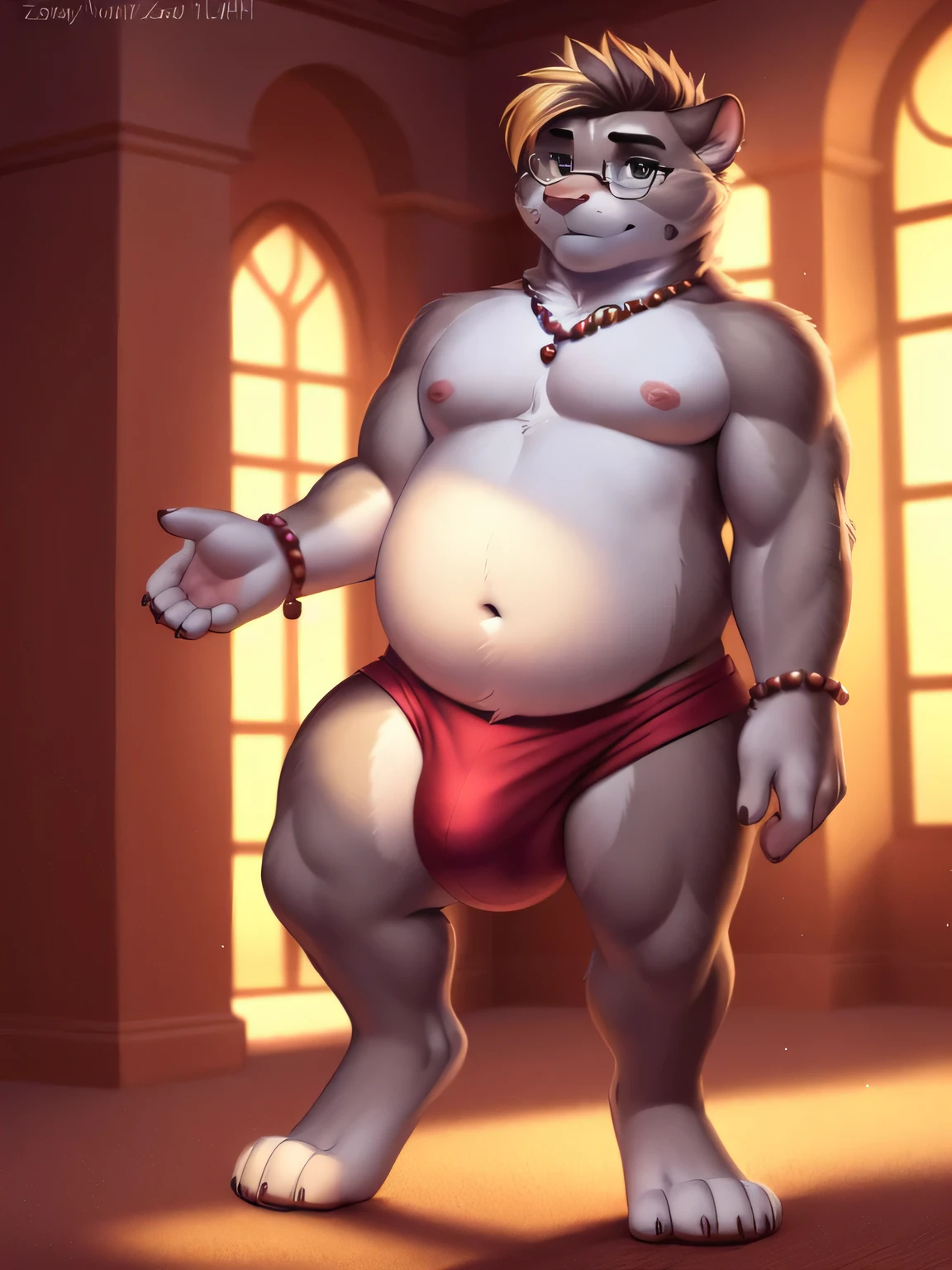 Licho, (soft shading), 4K, Hi Res, ((detailed face, detailed eyes, detailed)), (full body), by zackarry911, by zaush, (by personalami:0.5), plump, belly, fat, glasses, solo, short hair, 1boy, jewelry, masculine focus, thighs, bracelet, feet out of frame, thick thighs, beads, Nipples, big bulge, black truss, erect penis, cumerate penis, sexy pose, nsfw 