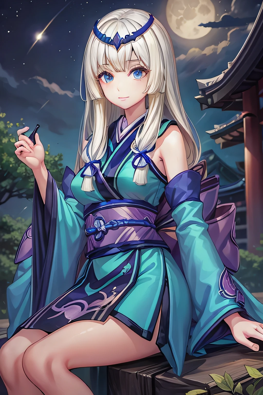 1girl, solo, looking at viewer, sky, sitting ,lips, closed mouth, bangs, nose ,sitting on a tree, japanese temple, night, full moon