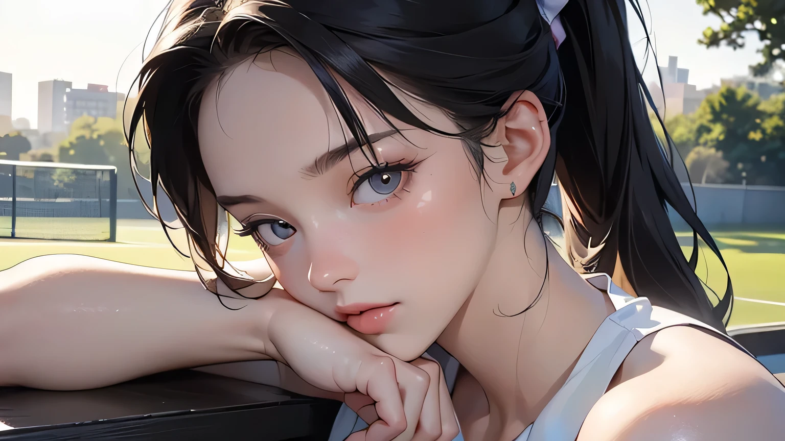 8k, highest quality, super high resolution, 1 woman, ponytail, 21 years old, (with a girl), top-quality beautiful girl, tennis court, outdoors, mouth slightly open, realistic, highly detailed CG integrated 8k wallpaper , Highly detailed, High resolution RAW color photography, Professional photography, Realistic portrait, Cinematic light, Beautifully detailed female, 21 years old, (D cup: 1.1), (Best quality: 1.4), super detail, high quality, table top, cityscape, ((masterpiece)), top quality, full body, alone, japanese woman, tall body, sexy body, sexy, seductive, top quality, table top , High resolution, (Photorealistic: 1.4), RAW photo, 1 beautiful girl, dynamic angle, female tennis player, skirt, small head, glowing skin, sweat, at the tennis venue, (Beautiful face in detail: 1.4) ,Detailed skin,Big eyes,Fine hair,Nice,Beautiful,Nice legs, Holding a tennis racket in hand