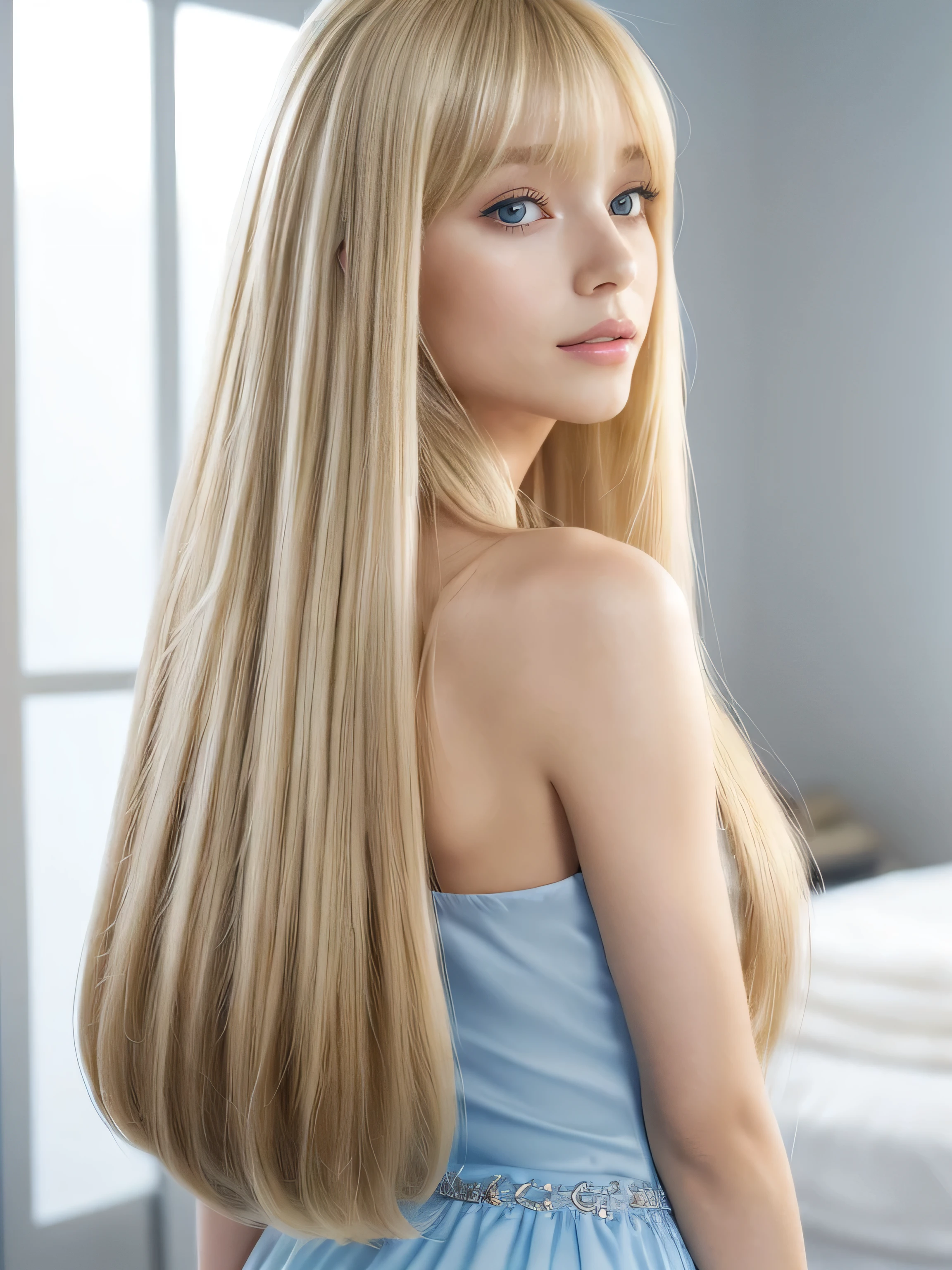 (Pure white wall background:1.8. Upper body photo from the knees up)　((Random poses, exposing as much of the dress as possible, Keep your back and hair as clean as possible.:1.5))　((Her hair is incredibly straight.:1.5))　((Beautiful model with long blonde hair, girl with super length Hair, extremely length Hair, extra length Hair, very long, Flowing Hair, very length Hair, length Hair girl, very long, Flowing blonde hair, length Hair windy, very longBlonde, length, Flowing Hair, length and or curly hair, with length Hair, length Hair!!!!　Her highest quality hair is long and 真っ直ぐ or curly hair very long, best quality blonde, length hair in the center, Highest quality long Straight or curly hair, length, Straight or curly hair, beautiful, High quality blonde hair, length and Blonde highest quality Straight or curly hair, length Hair, length and Straight or curly hair, highest quality Blonde, Perfect silky Straight or curly hair of the highest quality, Straight or curly hair, highest quality Blonde, length Blonde　Straight or curly hair, length, Light blonde hair　Her hair is long and Straight or curly hair, very longBlonde, length hair in the center, length Straight or curly hair, length, Straight or curly hair, beautiful hair of the highest quality, length Hair, length, Straight or curly hair　Blonde , length and free Straight or curly hair Blonde, Straight or curly hair Blonde))　(Her bangs are perfect.:1.3)　(France&#39;s most beautiful 24-year-old hair model)　　((highest quality)), ((masterpiece)), (Familiar)　(Get used to it)　Perfect Face　(Her skin is a typical French complexion....、And very detailed)　　(Big Breasts)　(She is wearing a gorgeous light blue princess dress:1.5)　(She has a beautiful French face and a typical French figure...., Narrow eyes)　(She has perfect beautiful makeup and face　Lipstick is light red　A solid eyeliner)　((Rich 1.4))　(Extremely detailed 8K)　(Ultra-fine skin texture 1.4)　(Actual, Vibrant:1.4), double eyelid　Sharp focus:1.2、Beautiful woman:1.4　Dynamic Lighting　(Genuine RAW photos taken by professional photographers)　(Her long bangs、Well Organized)　Professionally lit from the front　(She has a bright and cheerful face)　