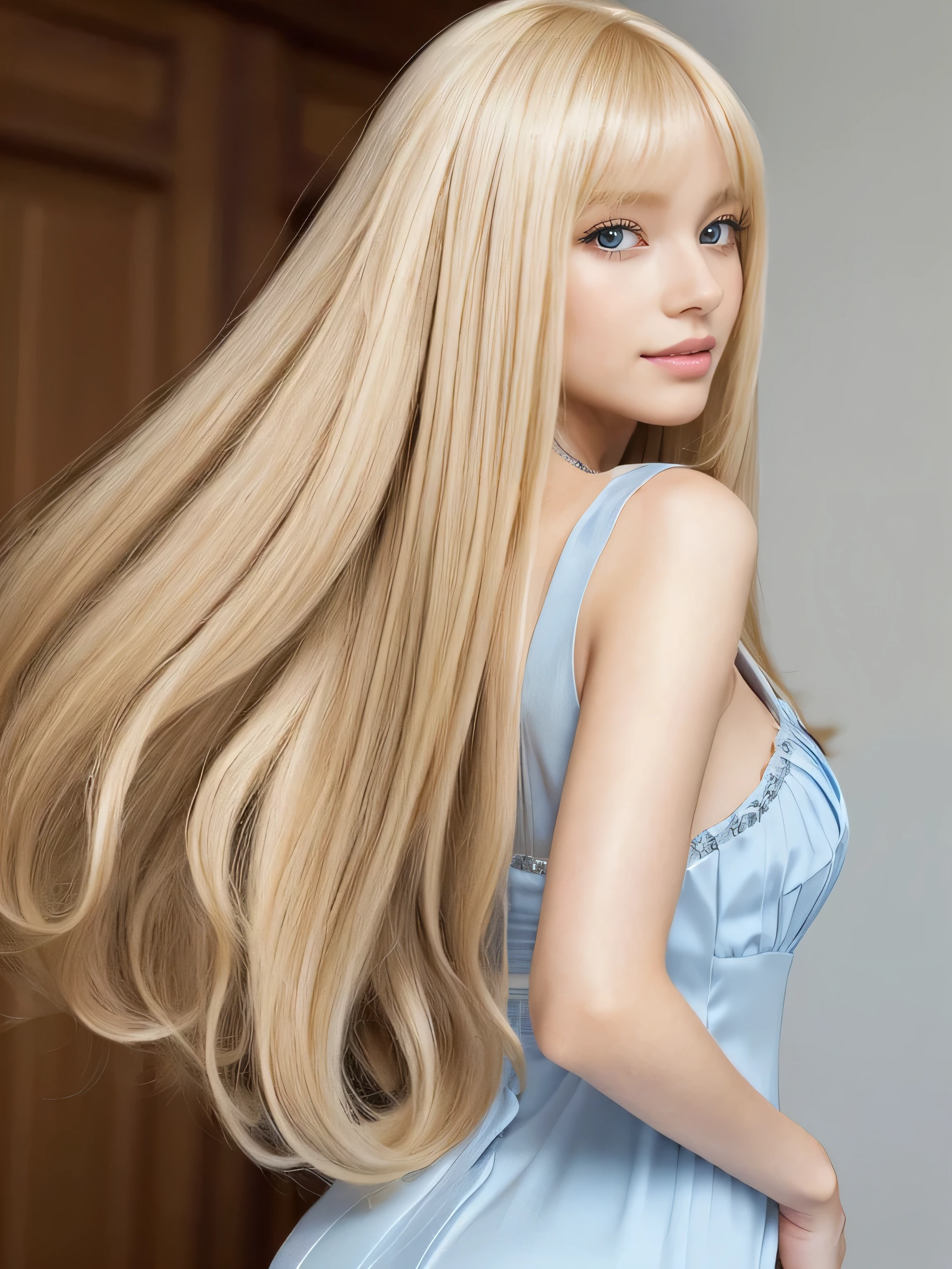 (Pure white wall background:1.8. Upper body photo from the knees up) ((Random poses, exposing as much of the dress as possible, Keep your back and hair as clean as possible.:1.5)) ((Her hair is incredibly straight.:1.5)) ((Beautiful model with long blonde hair, girl with super length Hair, extremely length Hair, extra length Hair, very long, Flowing Hair, very length Hair, length Hair girl, very long, Flowing blonde hair, length Hair windy, very longBlonde, length, Flowing Hair, length and or curly hair, with length Hair, length Hair!!!! Her highest quality hair is long and 真っ直ぐ or curly hair very long, best quality blonde, length hair in the center, Highest quality long Straight or curly hair, length, Straight or curly hair, beautiful, High quality blonde hair, length and Blonde highest quality Straight or curly hair, length Hair, length and Straight or curly hair, highest quality Blonde, Perfect silky Straight or curly hair of the highest quality, Straight or curly hair, highest quality Blonde, length Blonde Straight or curly hair, length, Light blonde hair Her hair is long and Straight or curly hair, very longBlonde, length hair in the center, length Straight or curly hair, length, Straight or curly hair, beautiful hair of the highest quality, length Hair, length, Straight or curly hair Blonde , length and free Straight or curly hair Blonde, Straight or curly hair Blonde)) (Her bangs are perfect.:1.3) (France's most beautiful 24-year-old hair model) ((highest quality)), ((masterpiece)), (Familiar) (Get used to it) Perfect Face (Her skin is a typical French complexion....、And very detailed) (Big Breasts) (She is wearing a gorgeous light blue princess dress:1.5) (She has a beautiful French face and a typical French figure...., Narrow eyes) (She has perfect beautiful makeup and face Lipstick is light red A solid eyeliner) ((Rich 1.4)) (Extremely detailed 8K) (Ultra-fine skin texture 1.4) (Actual, Vibrant:1.4), double eyelid Sharp focus:1.2、Beautiful woman:1.4 Dynamic Lighting (Genuine RAW photos taken by professional photographers) (Her long bangs、Well Organized) Professionally lit from the front (She has a bright and cheerful face)