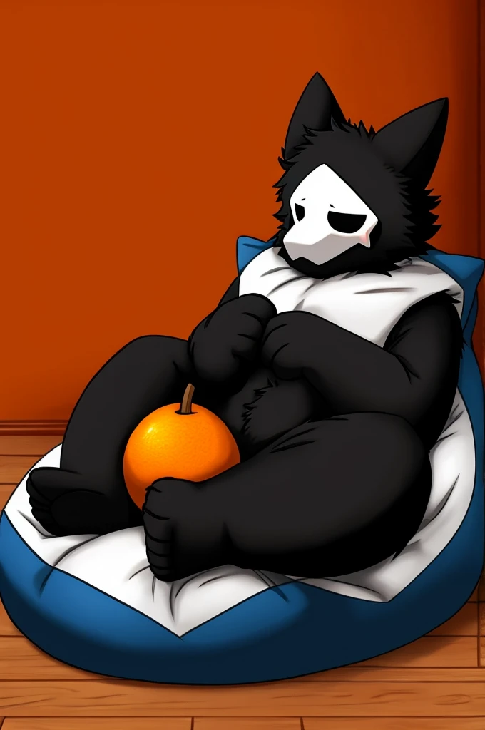 Puro eating an orange on his beanbag chair
