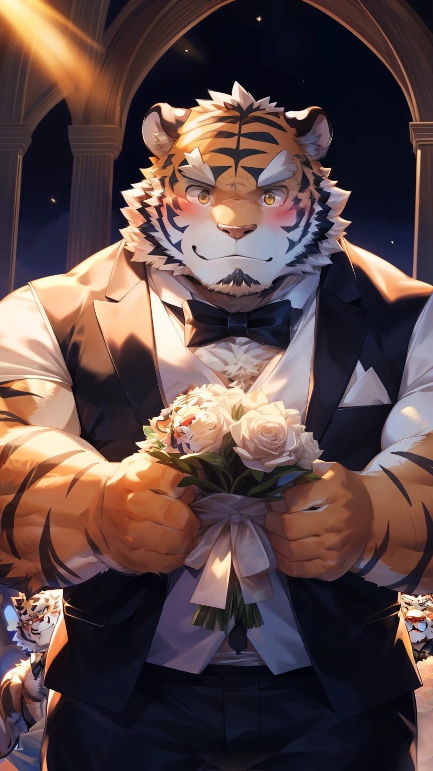 Solitary, anthropology, hairy, hairy male, Tiger, ((Fluffy fur, Fluffy, hairy body)), (Tiger印), (short beard), youth, Gray body, muscular, White, Big muscles, Golden pupils, Tail, deTailed face, Fundos, bridegroom, (Black suit suit), (Black bow tie), Holding a bouquet of white roses, 害羞的站在church门前, deTailed Fluffy fur, deTailed face, ((Look down at the audience)), majestic, barbarous, A faint smile, Blushing, Strong, church, White dove, Half sideways, ((Bottom view)), (through empty ghost, From tiger26, masterpiece, high quality, high resolution,8k), permanent, Full body portrait, outdoor,