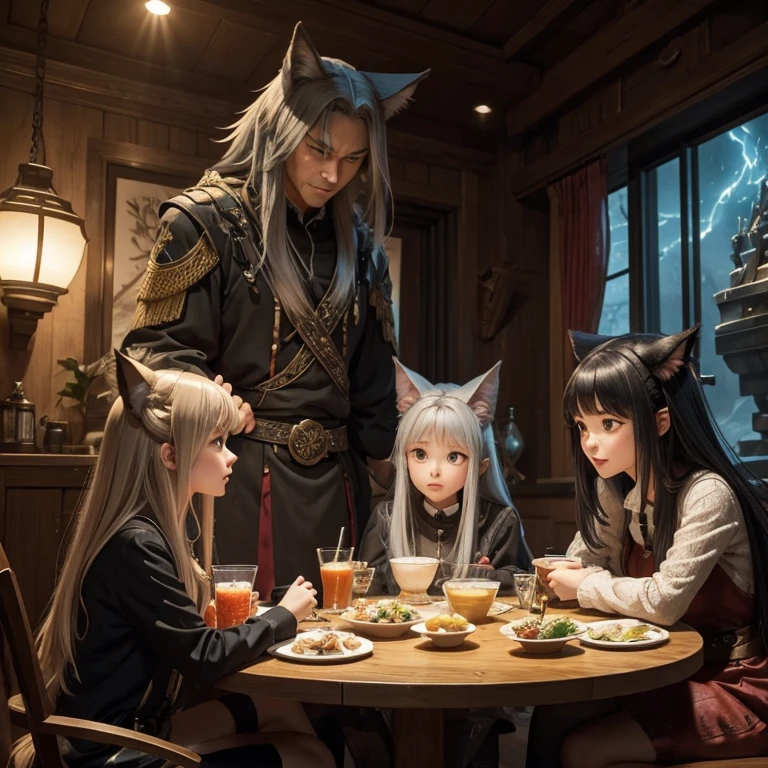 A group of anime characters and various anthropomorphic animals, including cat girls, wolf girls, elves, and robots, are sitting around the table.，Enjoying food and drinks，The atmosphere is lively and lively。The roles have（Beautiful and delicate eyes，Beautiful and delicate lips，Extremely detailed eyes and face，Long eyelashes）。They are depicted in popular anime style，Set in an otherworldly environment with fantasy elements。The scene resembles a still from the TV anime series，Captures moments of everyday life in the world of animation。 This work of art has（high quality：1.2、4k resolution、lifelike），Featuring ultra-detailed visuals，Exhibits complex design of characters and environments。Lighting is carefully designed，Bright colors，Focus is clear，Create a studio-like atmosphere。Rich scene textures，showing traditional illustrations、oil painting、3D Rendering、The use of various materials such as photography technology。 There are all kinds of delicious food around the characters（anime themed food：1.1、Mouthwatering desserts、unique drinks），Create an active atmosphere。The food is intricately detailed，Demonstrates the artist&#39;s attention to detail in creating appetizing and visually appealing dishes。The scene is reminiscent of a festive gathering，Highlight the joy of sharing food and companionship。 The composition and framing of the artwork captures the essence of the anime genre，Emphasis is on character interaction and dynamic poses。Each character&#39;s personality comes through in their expressions、poses and clothing show，Adds depth and complexity to scenes。the background depicts an otherworldly environmen elements are inspired by fantasy and adventure。 （concept art：1.1、landscape、portrait）The use of technology adds depth and dimension to the overall artwork。 