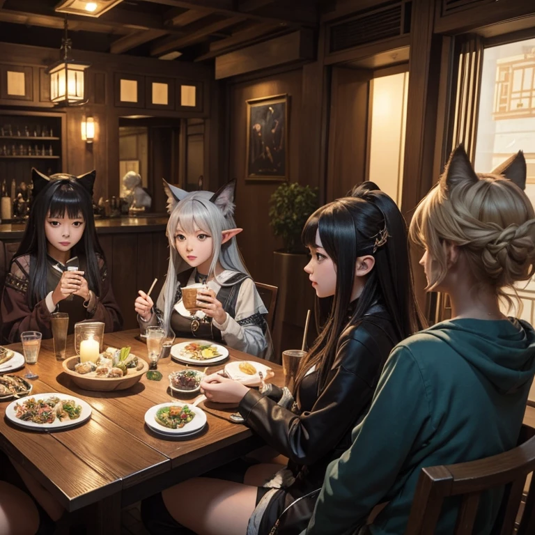 A group of anime characters and various anthropomorphic animals, including cat girls, wolf girls, elves, and robots, are sitting around the table.，Enjoying food and drinks，The atmosphere is lively and lively。The roles have（Beautiful and delicate eyes，Beautiful and delicate lips，Extremely detailed eyes and face，Long eyelashes）。They are depicted in popular anime style，Set in an otherworldly environment with fantasy elements。The scene resembles a still from the TV anime series，Captures moments of everyday life in the world of animation。 This work of art has（high quality：1.2、4k resolution、lifelike），Featuring ultra-detailed visuals，Exhibits complex design of characters and environments。Lighting is carefully designed，Bright colors，Focus is clear，Create a studio-like atmosphere。Rich scene textures，showing traditional illustrations、oil painting、3D Rendering、The use of various materials such as photography technology。 There are all kinds of delicious food around the characters（anime themed food：1.1、Mouthwatering desserts、unique drinks），Create an active atmosphere。The food is intricately detailed，Demonstrates the artist&#39;s attention to detail in creating appetizing and visually appealing dishes。The scene is reminiscent of a festive gathering，Highlight the joy of sharing food and companionship。 The composition and framing of the artwork captures the essence of the anime genre，Emphasis is on character interaction and dynamic poses。Each character&#39;s personality comes through in their expressions、poses and clothing show，Adds depth and complexity to scenes。the background depicts an otherworldly environmen elements are inspired by fantasy and adventure。 （concept art：1.1、landscape、portrait）The use of technology adds depth and dimension to the overall artwork。 