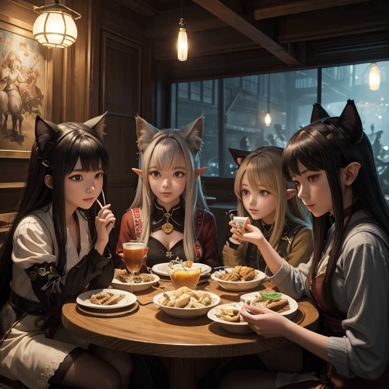 A group of anime characters and various anthropomorphic animals, including cat girls, wolf girls, elves, and robots, are sitting around the table.，Enjoying food and drinks，The atmosphere is lively and lively。The roles have（Beautiful and delicate eyes，Beautiful and delicate lips，Extremely detailed eyes and face，Long eyelashes）。They are depicted in popular anime style，Set in an otherworldly environment with fantasy elements。The scene resembles a still from the TV anime series，Captures moments of everyday life in the world of animation。 This work of art has（high quality：1.2、4k resolution、lifelike），Featuring ultra-detailed visuals，Exhibits complex design of characters and environments。Lighting is carefully designed，Bright colors，Focus is clear，Create a studio-like atmosphere。Rich scene textures，showing traditional illustrations、oil painting、3D Rendering、The use of various materials such as photography technology。 There are all kinds of delicious food around the characters（anime themed food：1.1、Mouthwatering desserts、unique drinks），Create an active atmosphere。The food is intricately detailed，Demonstrates the artist&#39;s attention to detail in creating appetizing and visually appealing dishes。The scene is reminiscent of a festive gathering，Highlight the joy of sharing food and companionship。 The composition and framing of the artwork captures the essence of the anime genre，Emphasis is on character interaction and dynamic poses。Each character&#39;s personality comes through in their expressions、poses and clothing show，Adds depth and complexity to scenes。the background depicts an otherworldly environmen elements are inspired by fantasy and adventure。 （concept art：1.1、landscape、portrait）The use of technology adds depth and dimension to the overall artwork。 