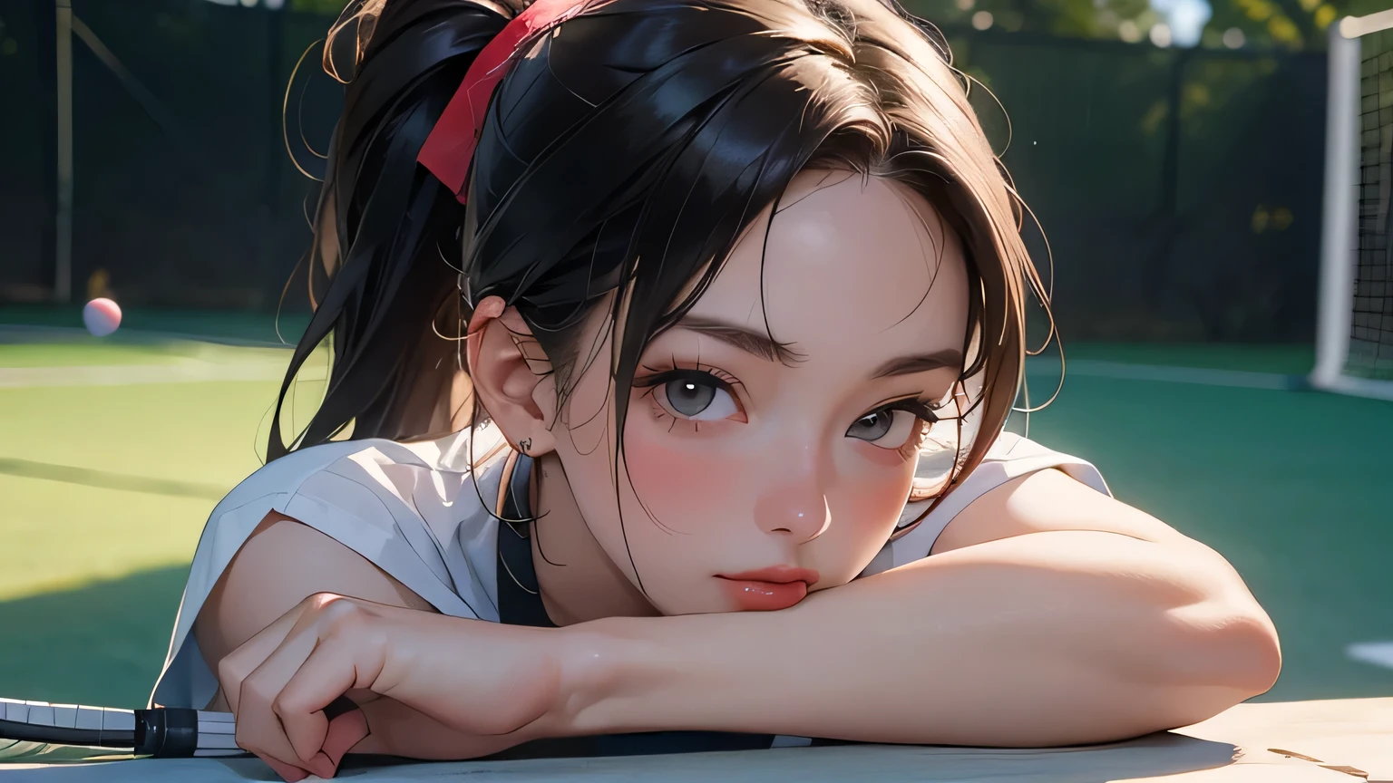 8k, highest quality, super high resolution, 1 woman, ponytail, 21 years old, (with a girl), most beautiful girl, tennis court, outdoor, full body, playing tennis, hitting the ball back, mouth slightly open , realistic, highly detailed CG integrated 8k wallpaper, highly detailed, high resolution RAW color photography, professional photography, realistic portrait, cinematic light, beautiful and detailed woman, 21 years old, (D Cup:1.1), (Best quality:1.4), Super detail, High quality, Table top, Cityscape, ((Masterpiece)), Top quality, Full body, Alone, Japanese woman, Tall body, Sexy body , Sexy, Seductive, Top Quality, Table Top, High Resolution, (Photorealistic:1.4), RAW Photo, 1 Beautiful Girl, Dynamic Angle, Female Tennis Player, Skirt, Small Head, Glowing Skin, Sweat, Tennis At the venue, (Beautiful face in detail: 1.4), Detailed skin, big eyes, fine hair, nice, beautiful, beautiful legs, holding a tennis racket in her hand,