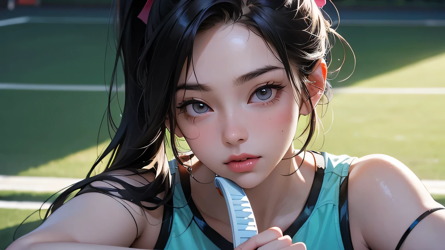 8k, highest quality, super high resolution, 1 woman, ponytail, 21 years old, (with a girl), most beautiful girl, tennis court, outdoor, full body, playing tennis, hitting the ball back, mouth slightly open , realistic, highly detailed CG integrated 8k wallpaper, highly detailed, high resolution RAW color photography, professional photography, realistic portrait, cinematic light, beautiful and detailed woman, 21 years old, (D Cup:1.1), (Best quality:1.4), Super detail, High quality, Table top, Cityscape, ((Masterpiece)), Top quality, Full body, Alone, Japanese woman, Tall body, Sexy body , Sexy, Seductive, Top Quality, Table Top, High Resolution, (Photorealistic:1.4), RAW Photo, 1 Beautiful Girl, Dynamic Angle, Female Tennis Player, Skirt, Small Head, Glowing Skin, Sweat, Tennis At the venue, (Beautiful face in detail: 1.4), Detailed skin, big eyes, fine hair, nice, beautiful, beautiful legs, holding a tennis racket in her hand,