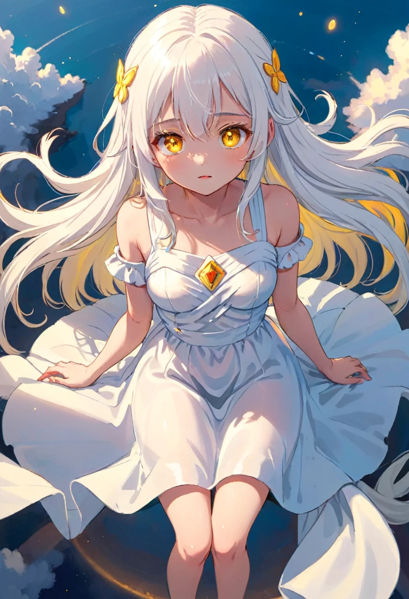 Flat color, cartoon style, girl, from above, cute pose, long white hair, white silk dress, soft lighting, in sky, yellow eyes,