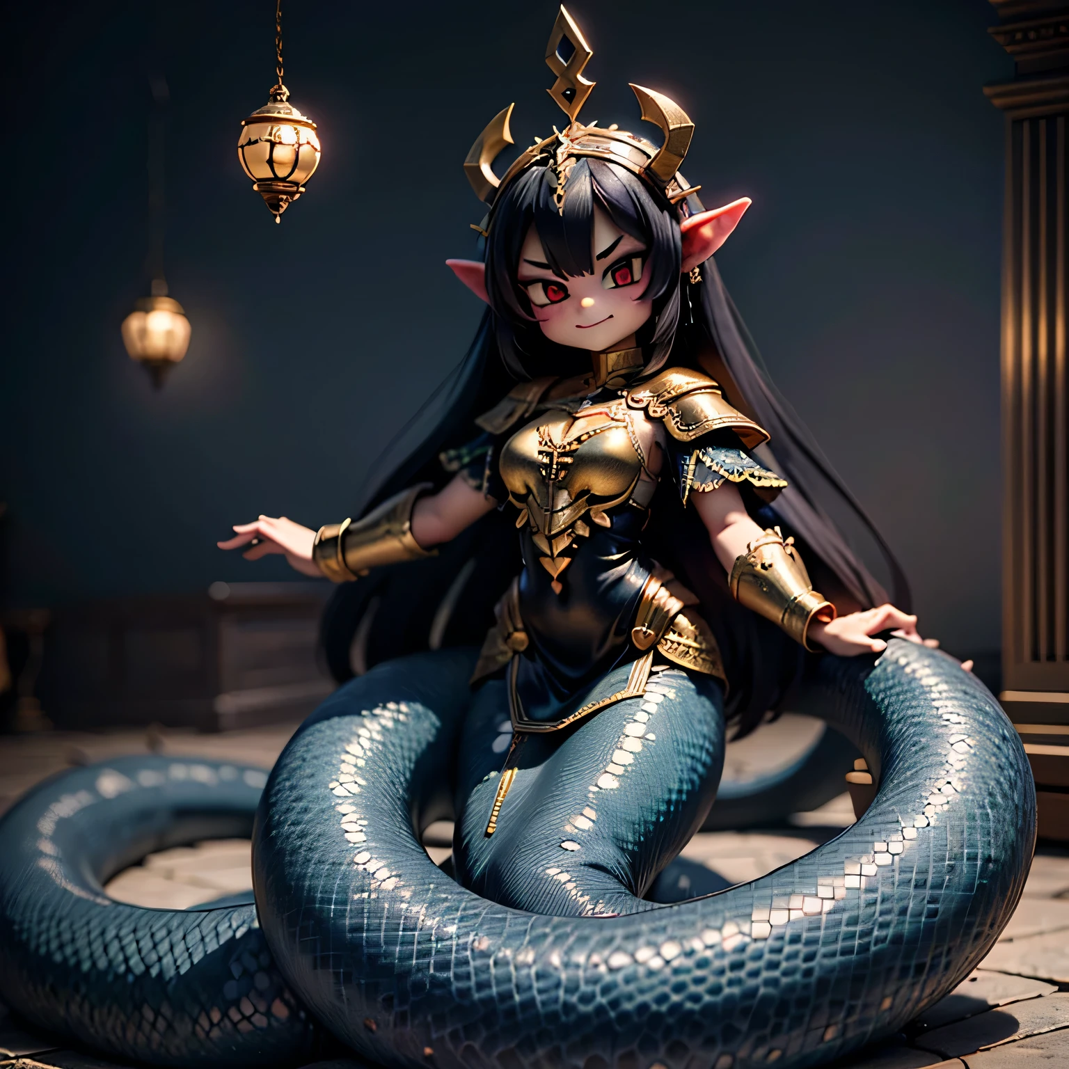 Lamia princes\(cute,kawaii,age of 10,Geeky feel,Black Scales,arrogant and sharp gaze,big eyes,intimidating posture,dark blue pattern on the scales,long fluffy black hair,gold chain mail,bracelet,arrogant stance,evil smile,barbaric style,dynamic pose,lower body snake\), BREAK ,background\(inside beautiful palace,glorious throne,throne room,golden light\)Dark fantasy,dynamic wide view,full body,High angle,quality\(8k,wallpaper of extremely detailed CG unit, ​masterpiece,hight resolution,top-quality,top-quality real texture skin,hyper realisitic,increase the resolution,RAW photos,best qualtiy,highly detailed,the wallpaper,cinematic lighting,ray trace,golden ratio,\),dynamic angle,close up,lamia,[nsfw:2.0]