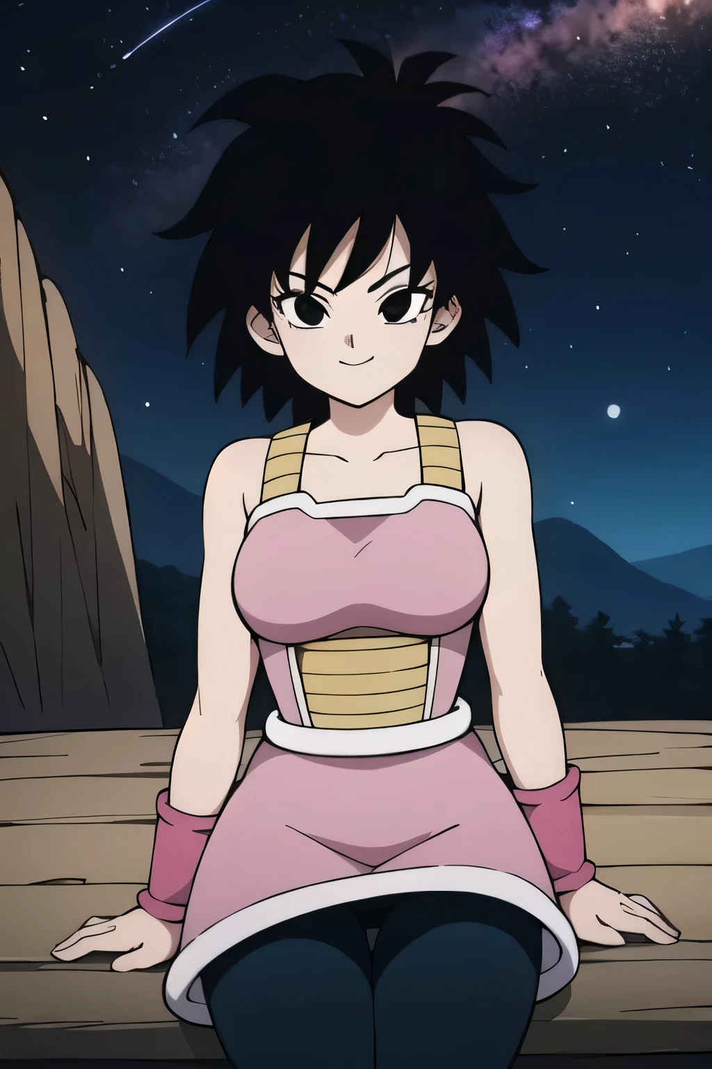 gine, pink saiyan armor, pink skirt, 1girl, solo, smile, black hair, sitting, cowboy shot, sky, black eyes, night, white wristband, saiyan armor, black pantyhose, star \(sky\), night sky, starry sky, head rest, eyebrows, eyelashes,