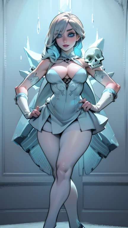 Woman body set large breasts(best quality, highres, ice skull:1.1), ice skull, girl style, thick body art, detailed facial features, icy blue eyes, glossy lips, long eyelashes, porcelain skin, blue and silver color scheme, intricate skull design, realistic texture, vibrant colors, elaborate background, mysterious atmosphere, frozen garden, snow-covered trees, sparkling ice crystals, surreal lighting, fantasy elements