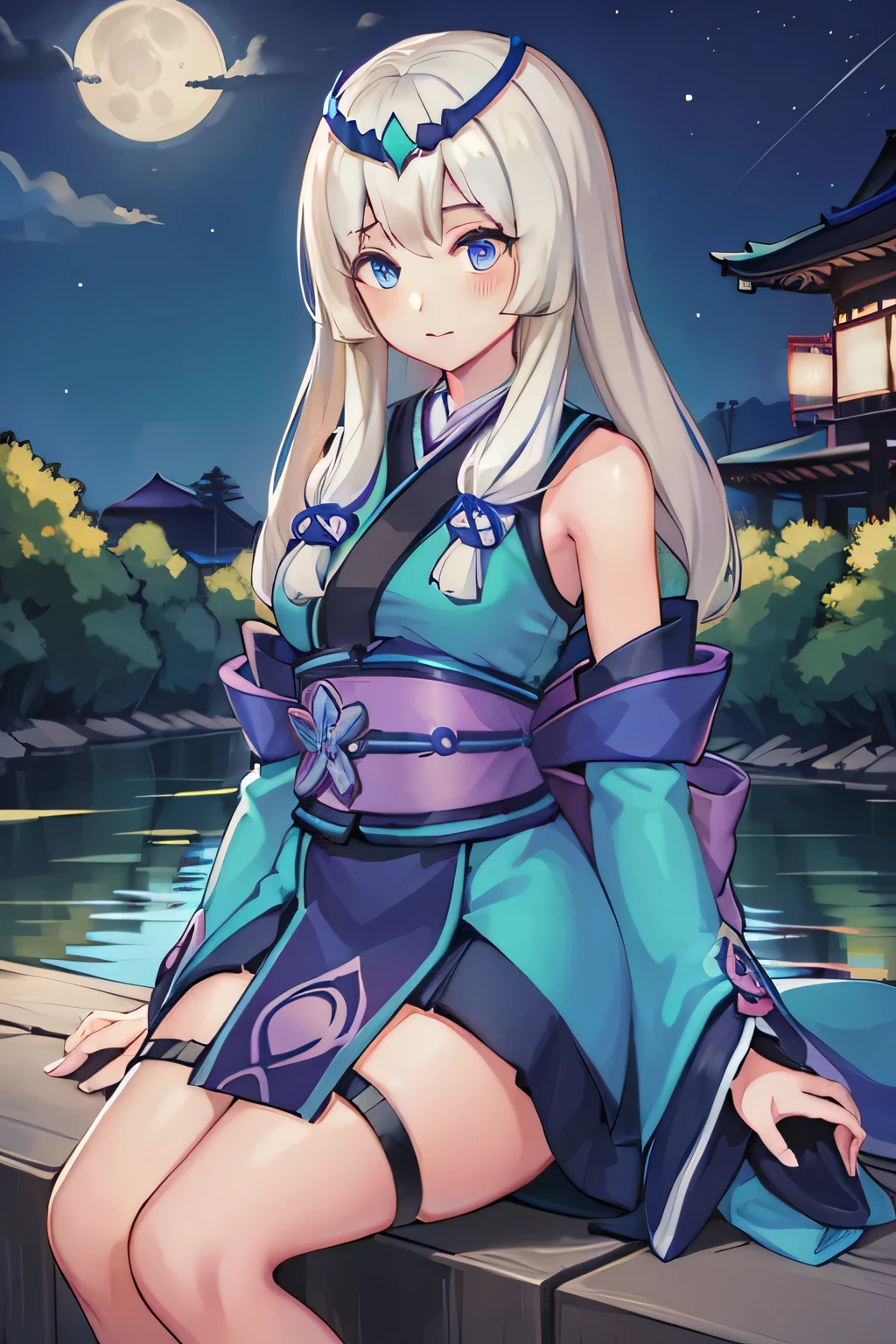 1girl, solo, looking at viewer, sky, sitting ,lips, closed mouth, bangs, nose ,sitting on a tree, japanese temple, night, full moon