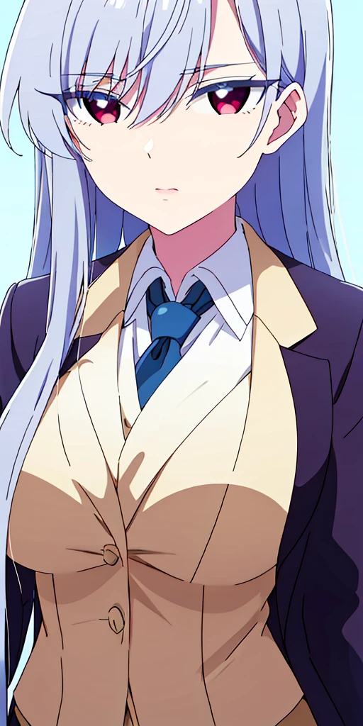 Plain White Background, clouds and a blue sky, blue neckwear, (blue blazer:1.5), collared shirt, white shirt, red eyes, silver hair, bangs, Long hair, 1girl, 20yo,Young female, Beautiful long legs, Beautiful body, Beautiful Nose, Beautiful character design, perfect eyes, perfect face, expressive eyes, perfect balance, looking at viewer (Focus on her face),closed mouth (innocent big eyes:1.0) (Light_Smile:0.3), official art, extremely detailed CG unity 8k wallpaper, perfect lighting, Colorful, Bright_Front face_Lighting, White skin (masterpiece:1.0) (best_quality:1.0) ultra high res, 4K, ultra detailed, photography, 8K, HDR, high res, absurdres:1.2, Kodak portra 400, film grain, blurry background, bokeh:1.2, lens flare (vibrant_color:1.2) professional photograph (Beautiful, large_Breasts:1.4) (beautiful_face:1.5) (narrow waist)