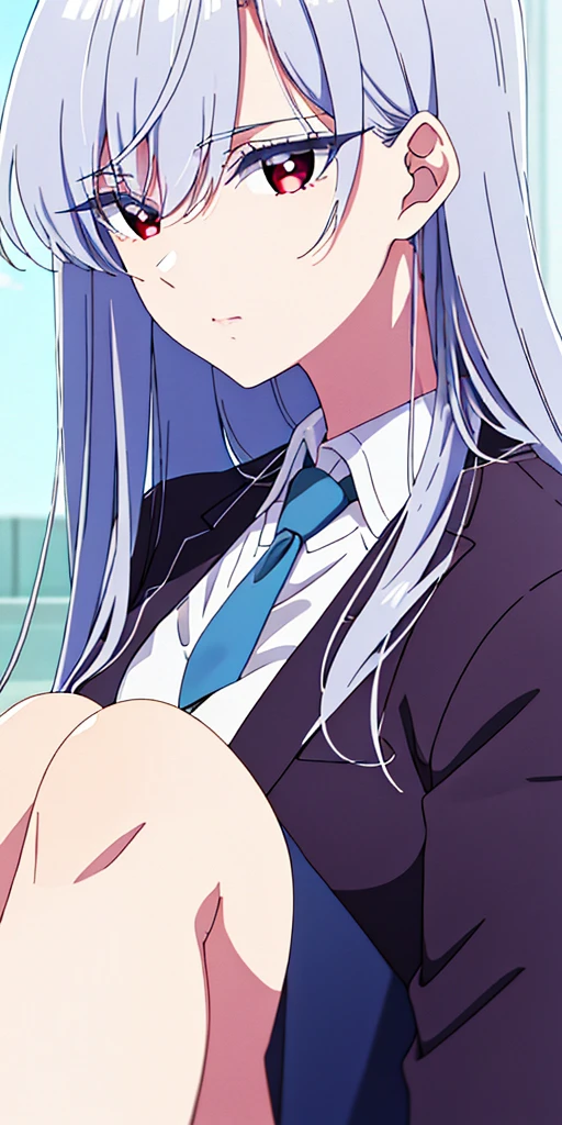 Plain White Background, clouds and a blue sky, blue neckwear, (blue blazer:1.5), collared shirt, white shirt, red eyes, silver hair, bangs, Long hair, 1girl, 20yo,Young female, Beautiful long legs, Beautiful body, Beautiful Nose, Beautiful character design, perfect eyes, perfect face, expressive eyes, perfect balance, looking at viewer (Focus on her face),closed mouth (innocent big eyes:1.0) (Light_Smile:0.3), official art, extremely detailed CG unity 8k wallpaper, perfect lighting, Colorful, Bright_Front face_Lighting, White skin (masterpiece:1.0) (best_quality:1.0) ultra high res, 4K, ultra detailed, photography, 8K, HDR, high res, absurdres:1.2, Kodak portra 400, film grain, blurry background, bokeh:1.2, lens flare (vibrant_color:1.2) professional photograph (Beautiful, large_Breasts:1.4) (beautiful_face:1.5) (narrow waist)