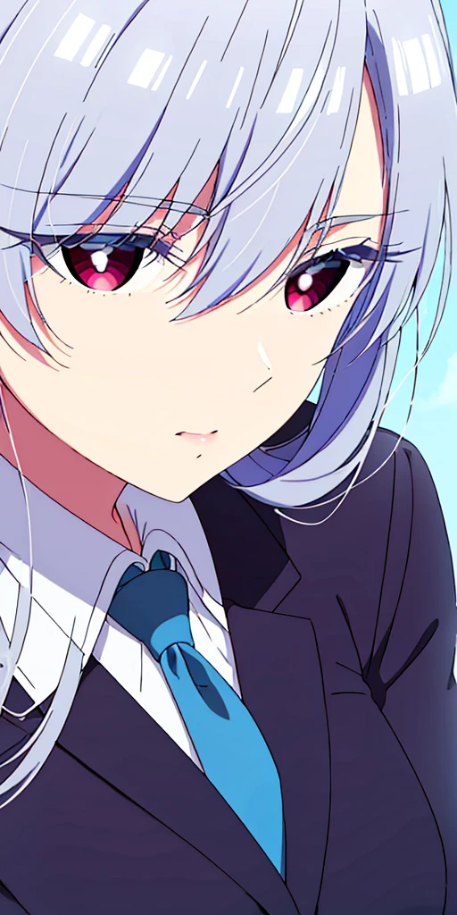 Plain White Background, clouds and a blue sky, blue neckwear, (blue blazer:1.5), collared shirt, white shirt, red eyes, silver hair, bangs, Long hair, 1girl, 20yo,Young female, Beautiful long legs, Beautiful body, Beautiful Nose, Beautiful character design, perfect eyes, perfect face, expressive eyes, perfect balance, looking at viewer (Focus on her face),closed mouth (innocent big eyes:1.0) (Light_Smile:0.3), official art, extremely detailed CG unity 8k wallpaper, perfect lighting, Colorful, Bright_Front face_Lighting, White skin (masterpiece:1.0) (best_quality:1.0) ultra high res, 4K, ultra detailed, photography, 8K, HDR, high res, absurdres:1.2, Kodak portra 400, film grain, blurry background, bokeh:1.2, lens flare (vibrant_color:1.2) professional photograph (Beautiful, large_Breasts:1.4) (beautiful_face:1.5) (narrow waist)