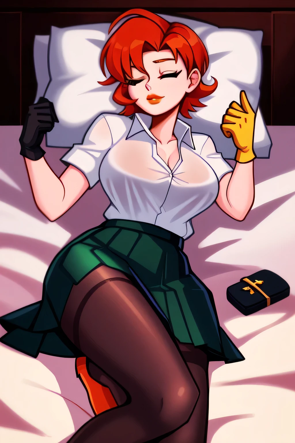 A tall milf woman calm asleep sexy attractive beautiful beautiful youth short orange hair cut her eye closed eyelash slim black red lip she wears a white button-down shirt and a green skirt a black heel wearing a yellow glove
