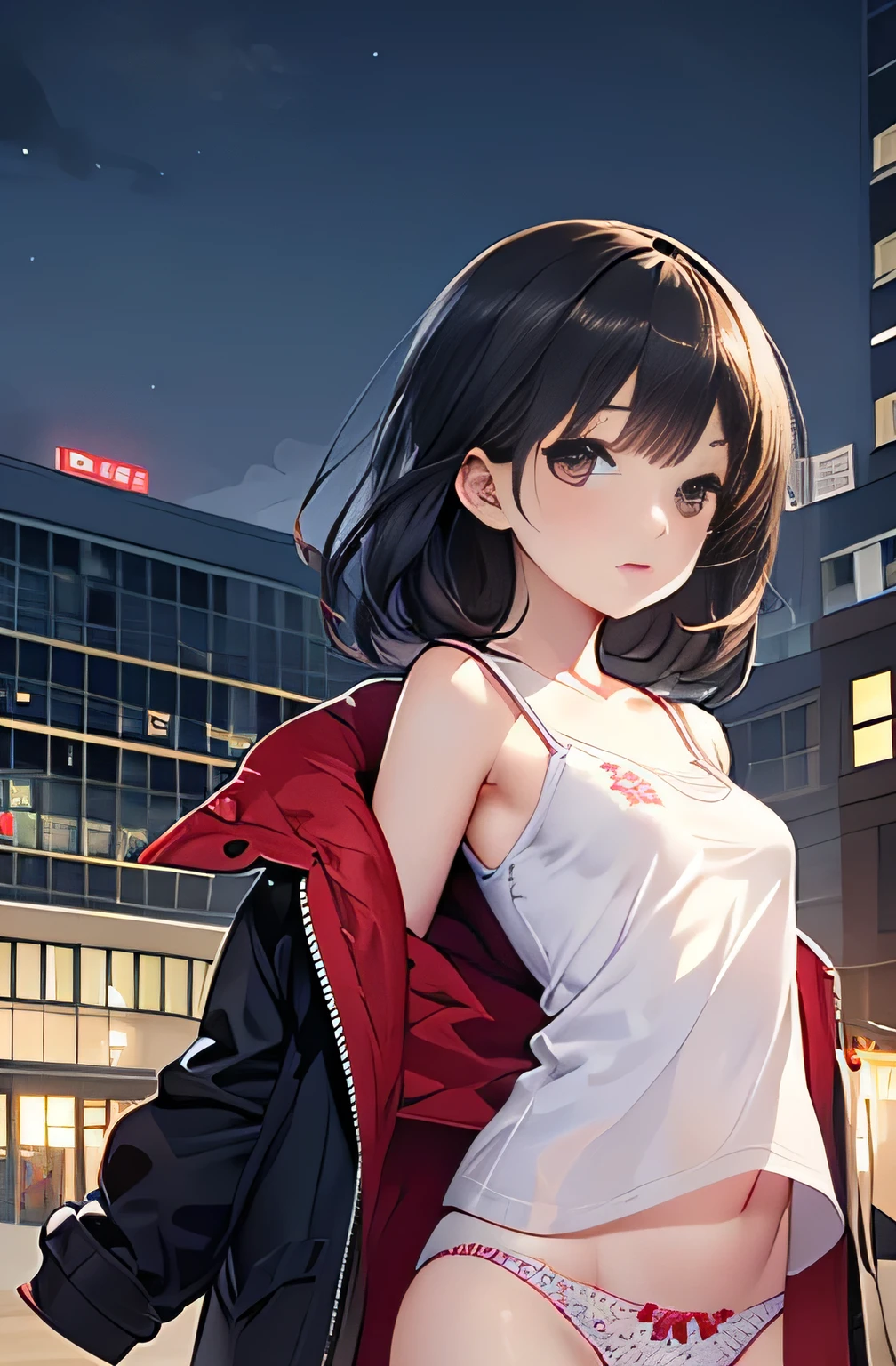Kindergartner, girl under 100 tall, naked, small breasts, patterned cotton panties, fabric realistic, black hair, no jacket, old school building at night