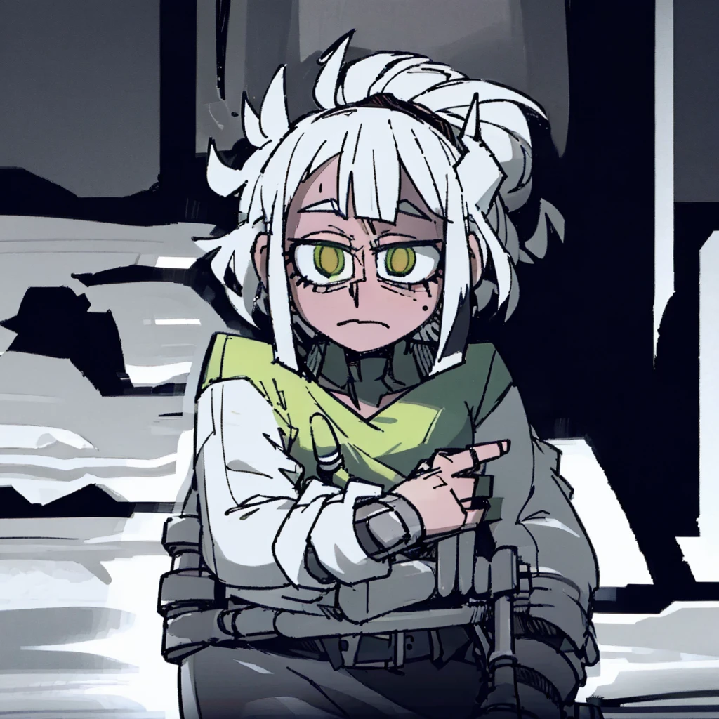Soft boy with twenty years old,white shortcut hair,green sleepy eyes ,soft smile,sweatshirt 