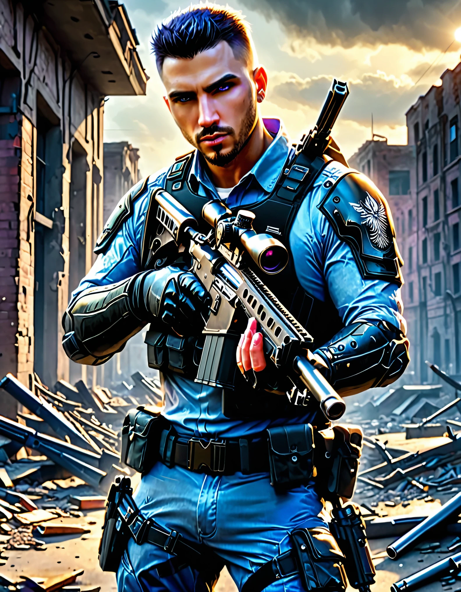 masterpiece, best quality, highres, 1man, male focus, solo, solo focus. hispanic, dark brown hair with purple accents, short hair, crew cut, spiky hair, dark green eyes, facial hair, sleeves rolled up, tattoo. us soldier, jet black uniform, gloves, gun, handgun, holding gun, holding weapon, holster, holstered weapon, load bearing vest, pistol, thigh holster, (gunmetal blue rifle, sniper rifle, scope, suppressor). trigger discipline, weapon. city ruins, daytime, backdrop gritty atmosphere.