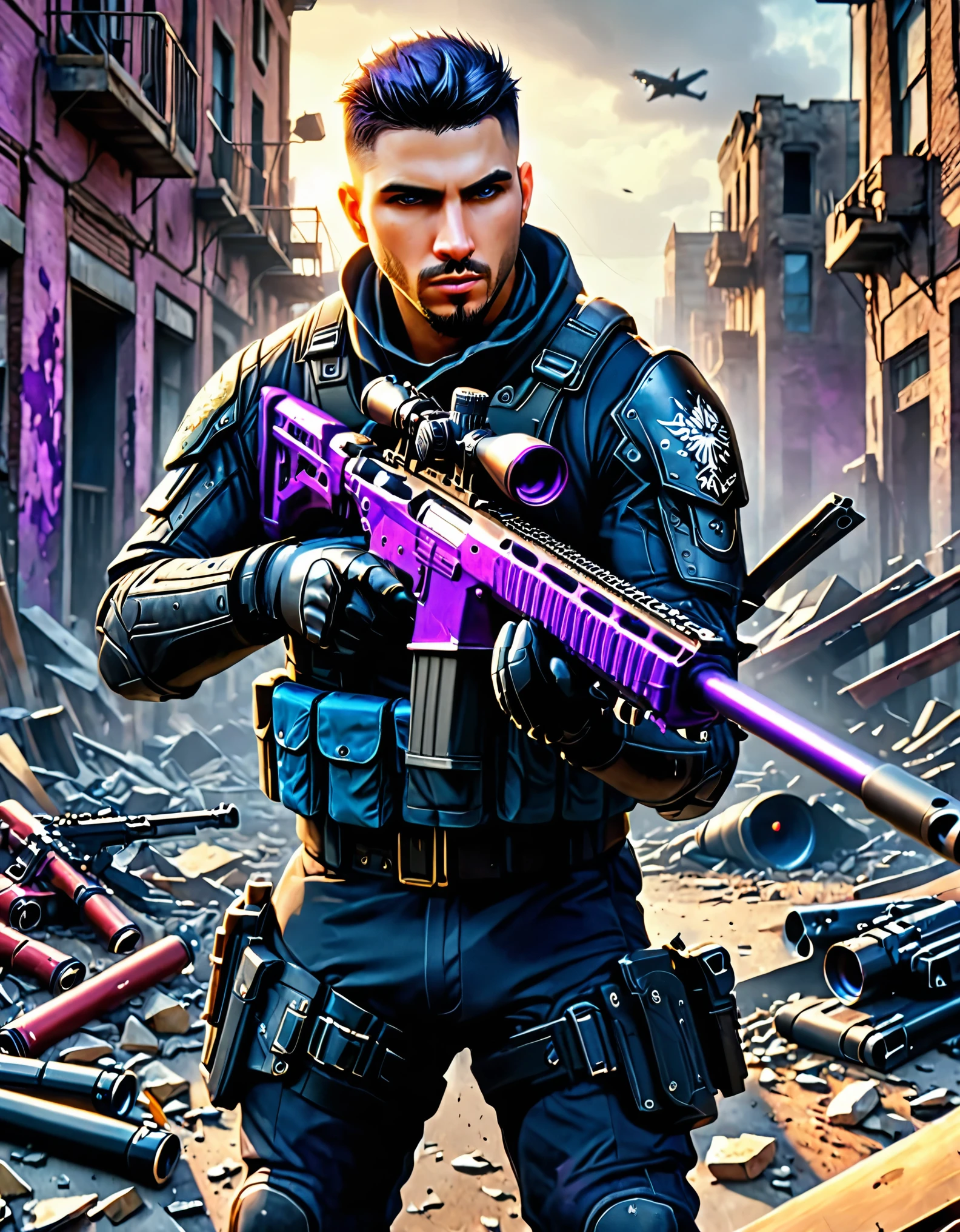 masterpiece, best quality, highres, 1man, male focus, solo, solo focus. hispanic, dark brown hair with purple accents, short hair, crew cut, spiky hair, dark green eyes, facial hair, sleeves rolled up, tattoo. us soldier, jet black uniform, gloves, gun, handgun, holding gun, holding weapon, holster, holstered weapon, load bearing vest, pistol, thigh holster, (gunmetal blue rifle, sniper rifle, scope, suppressor). trigger discipline, weapon. city ruins, daytime, backdrop gritty atmosphere.