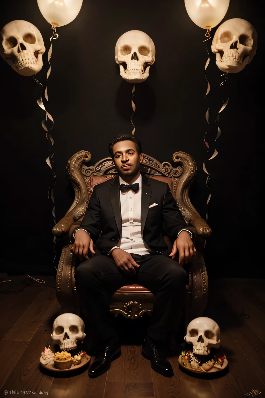 Gilberto Henrique singer of the song link on a throne of bones in hell with a birthday cake and surrounded by ghosts