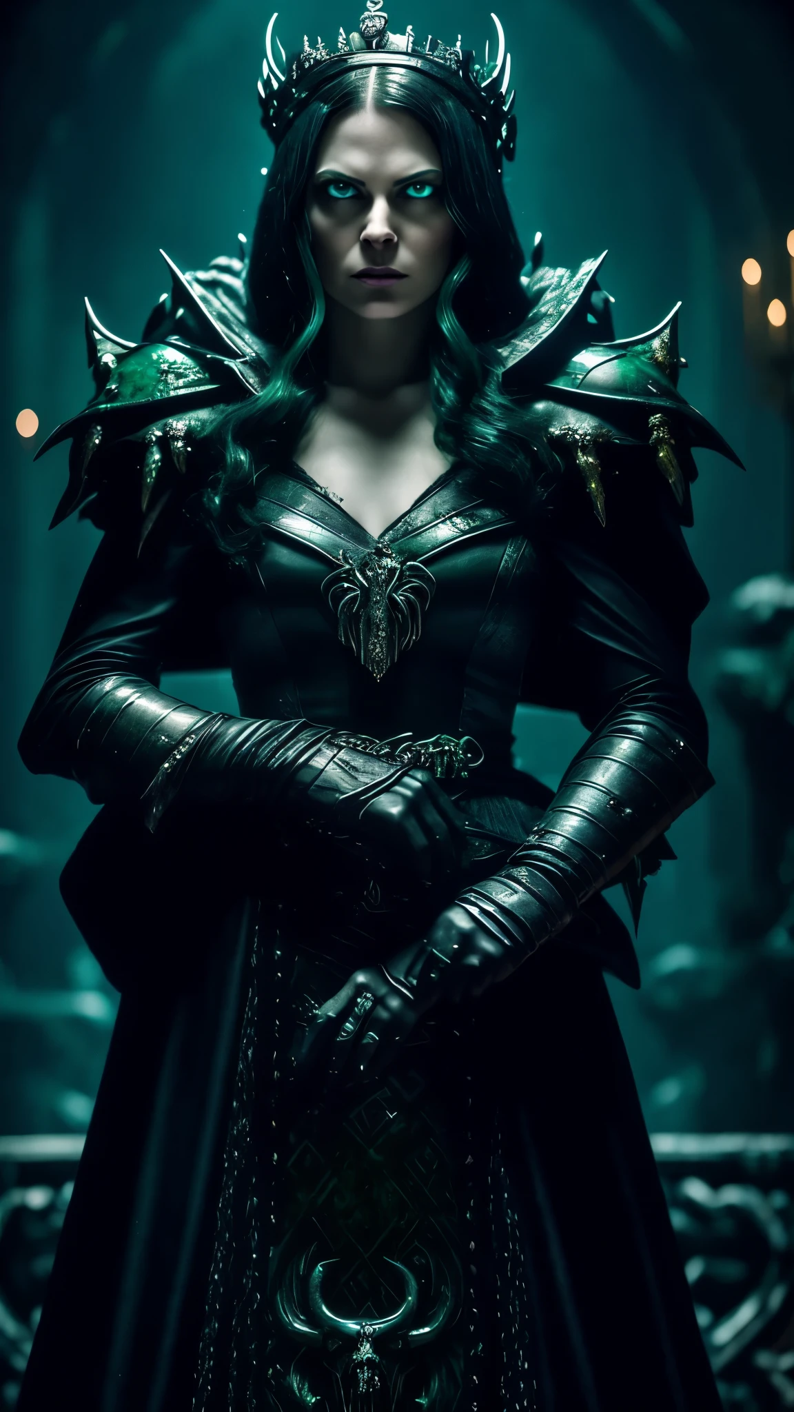 Cinematic close-up: A cruel queen, late 30s, smirks with blood dripping from her chin. Icy blue eyes gleam. A clawed hand in a black gauntlet displays a grotesque poison ring - black metal, pulsing emerald. Blood splatters the ring and drips down her fingers. The background blurs into a decaying throne room, bathed in an unnatural green moonlight. Art style: cinematic, hyperrealistic, dark fantasy.