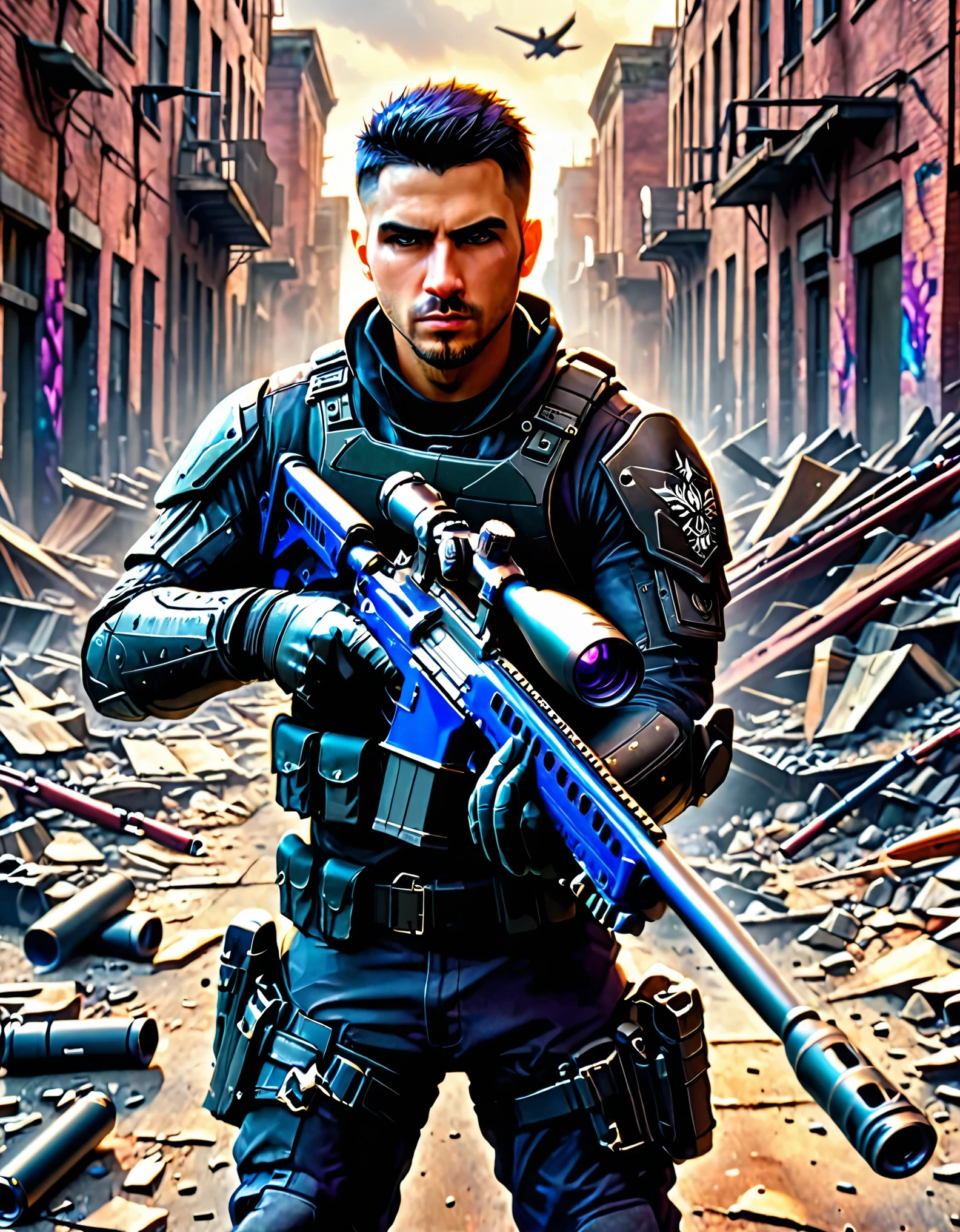 masterpiece, best quality, highres, 1man, male focus, solo, solo focus. hispanic, dark brown hair with purple accents, short hair, crew cut, spiky hair, dark green eyes, facial hair, sleeves rolled up, tattoo. us soldier, jet black uniform, gloves, gun, handgun, holding gun, holding weapon, holster, holstered weapon, load bearing vest, pistol, thigh holster, (gunmetal blue rifle, sniper rifle, scope, suppressor). trigger discipline, weapon. city ruins, daytime, backdrop gritty atmosphere.