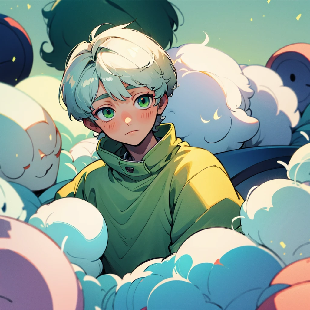 Soft boy with twenty years old,white shortcut hair,green sleepy eyes ,soft smile,sweatshirt
