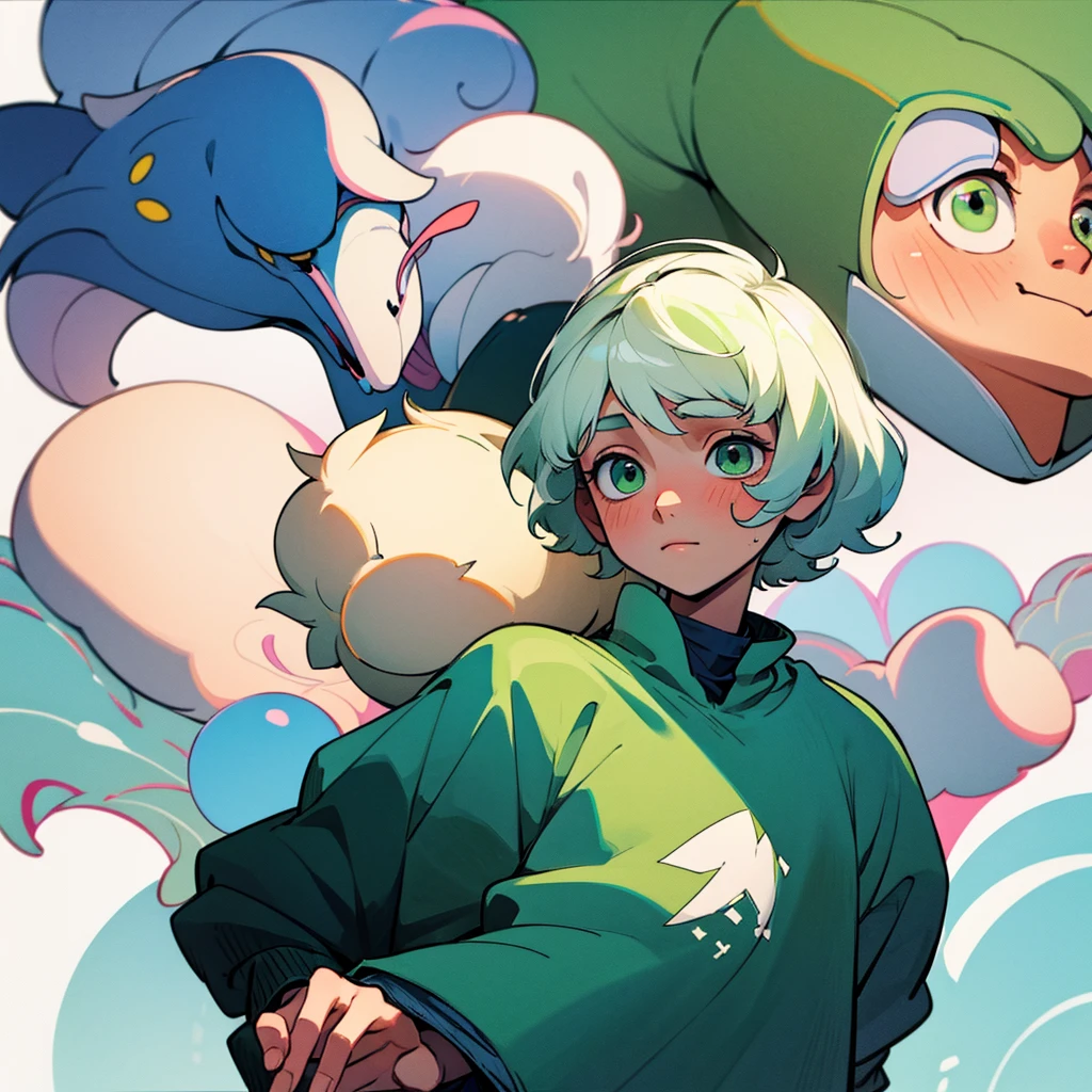 Soft boy with twenty years old,white shortcut hair,green sleepy eyes ,soft smile,sweatshirt