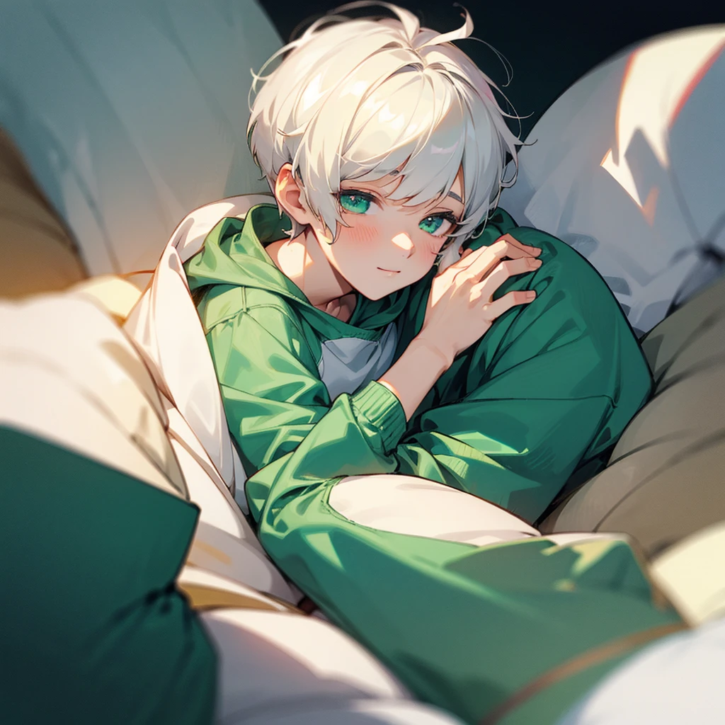 Soft boy with twenty years old,white shortcut hair,green sleepy eyes ,soft smile,sweatshirt