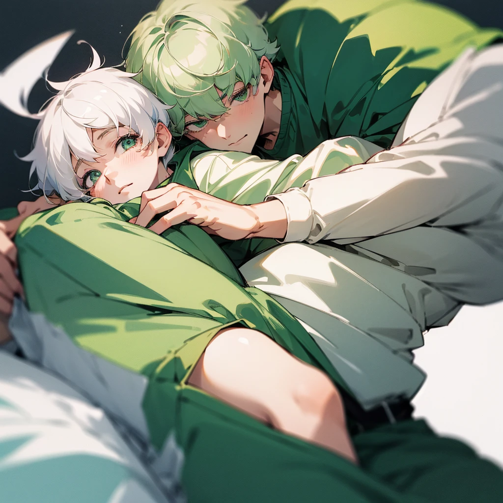 Soft boy with twenty years old,white shortcut hair,green sleepy eyes ,soft smile,sweatshirt