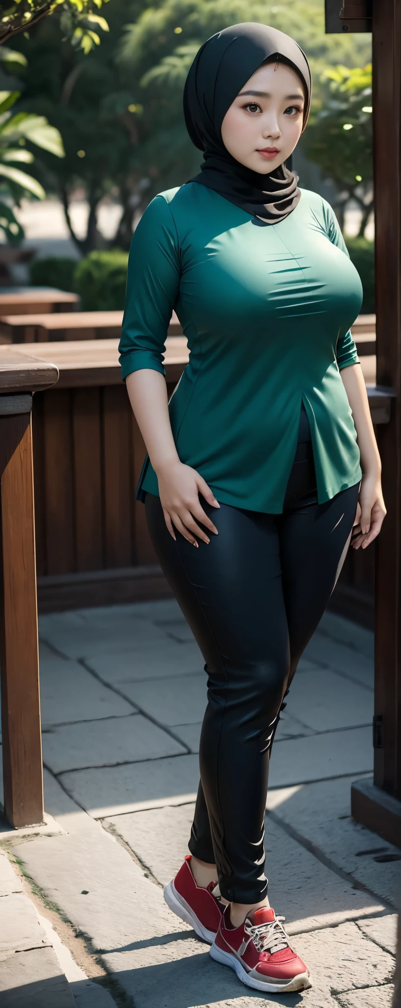 1 chinese-Indonesian girl, modern plain long hijab, shy, medium portrait, watery eyes, wearing blue dark green kebaya, ((big breasts)), black bokeh background, well-proportioned body,, chubby massive thighs, full body pose, Hena art on the body, hena art on arms, full body view , wearing red sneakers , fat legs