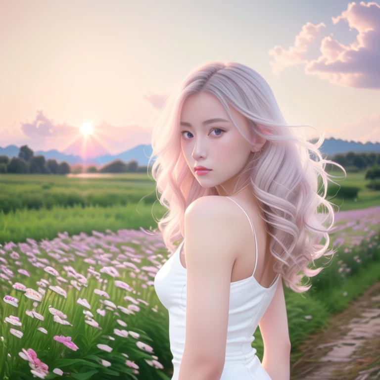 Photorealistic, cinematic lighting, contrast, sky with beautiful clouds illuminated by sunlight, dramatic lighting, godrays, beautiful young women looking back at the viewer, happy, white hair, curly wavy hair, beautiful face, flower field, landscape filled with vibrant flowers,