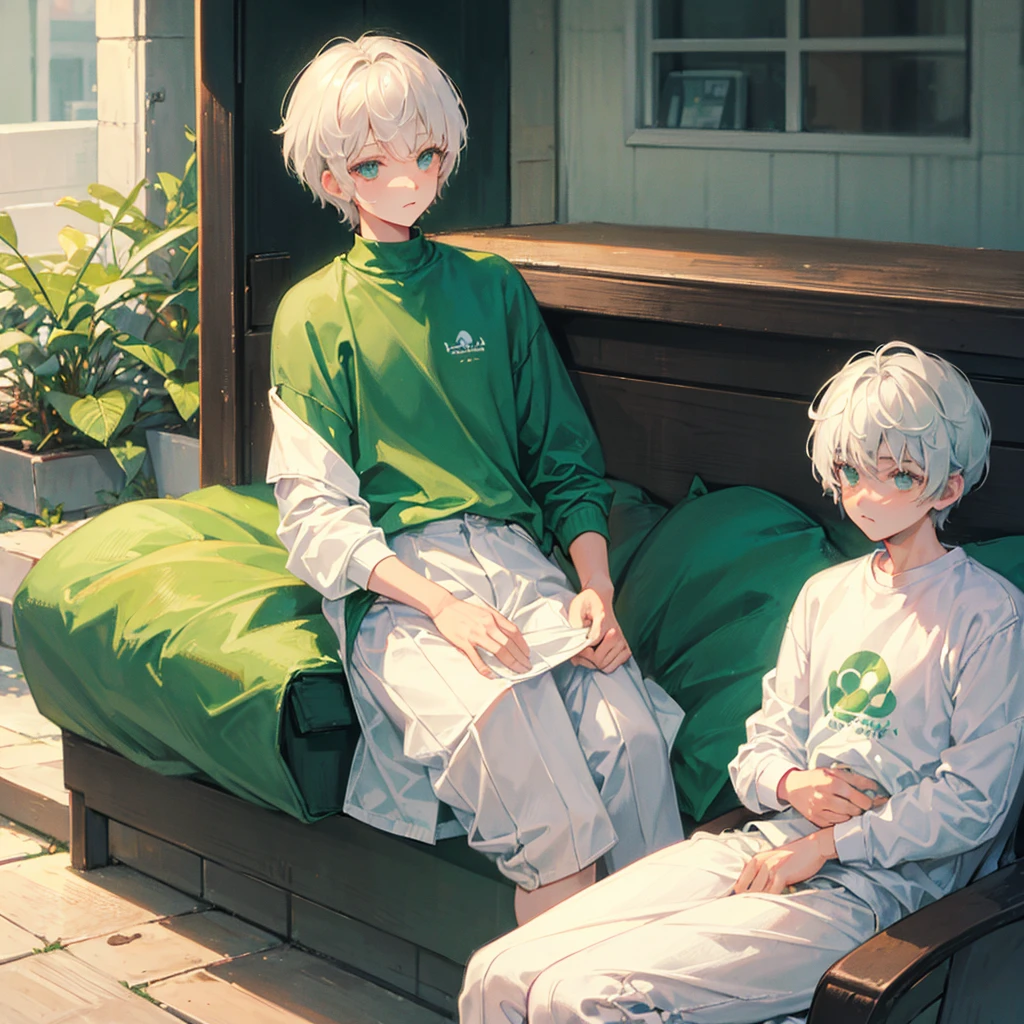 Soft boy with twenty years old,white shortcut hair,green sleepy eyes ,soft smile,sweatshirt