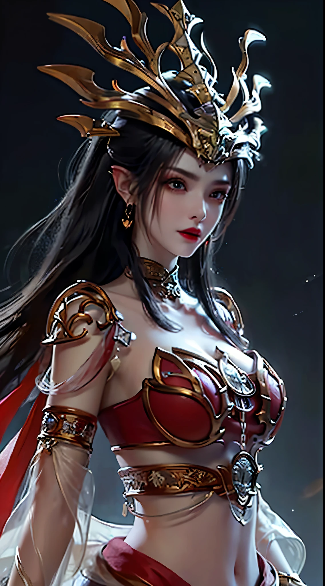 1 very beautiful queen medusha in hanfu, thin red silk blouse with many yellow motifs, black lace top, crown worn on her head, long bangs and dyed black ponytail, beautiful hair jewelry , pretty and cute face, perfect face, earring jewelry, light purple bunny ears, antique jewelry, big red eyes, sharp eye makeup, meticulous makeup eyelashes, feathers thin eyebrows, high nose, pretty red lips, no smile, pursed lips, rosy cheeks, wide breasts, big breasts, well-proportioned breasts, slim waist, red mesh stockings with black lace, Chinese hanfu style, bad art patterns texture, vivid and true colors, RAW photos, realistic photos, ultra high quality 8k surreal photos, super cool photos, (virtual lighting effect: 1.8), 10x pixels, magic effect (background) : 1.8), super detailed eyes, beautiful girl body portrait, girl alone, ancient hanfu background, looking directly at the audience, wide original photo, 8k quality, super sharp, detailed image most detailed and clear, detailed light background,