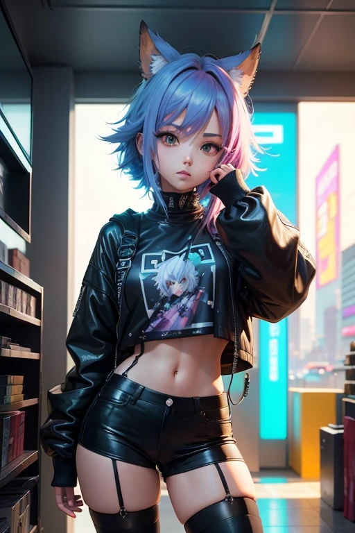 Anime art, Cyberpunk , cabelo colorido, anime art, art anime, fone de ouvido anime art, art anime. Com uma amiga tirando uma selfie