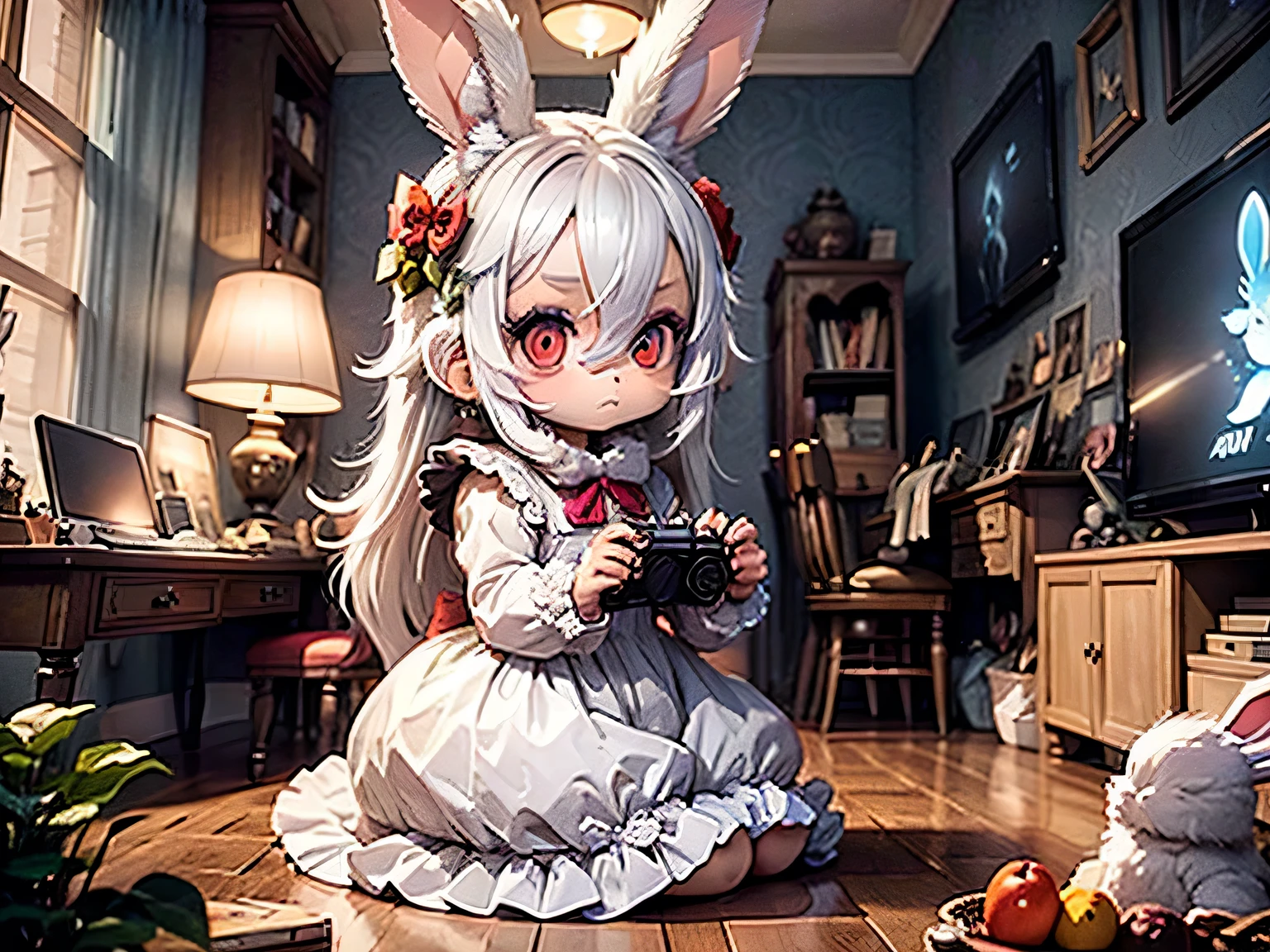 solo,1girl\((chibi:1.6),cute,kawaii,small kid,(white hair:1.7),(very long hair:1.7),bangs,(ear\(fluffy white bunny-ear\):1.4),(1 bunny tail:1.3),(red eye),big eye,beautiful shiny eye,skin color white,big hairbow,(white frilled dress:1.3),breast,playing old video game,(holding game controller),concentrate to video game,facing toward tv,sitting on floor,looking away\), BREAK ,background\(inside, tiny gothic room,video game on TV,video game console,game controller,nintendo,playstation\), quality\(8k,wallpaper of extremely detailed CG unit, ​masterpiece,hight resolution,top-quality,top-quality real texture skin,hyper realisitic,increase the resolution,RAW photos,best qualtiy,highly detailed,the wallpaper,golden ratio\), BREAK , (from back:0.9),(better hands),[rabbit:0.1],(better legs),5fingers each hand,game on TV,red eye