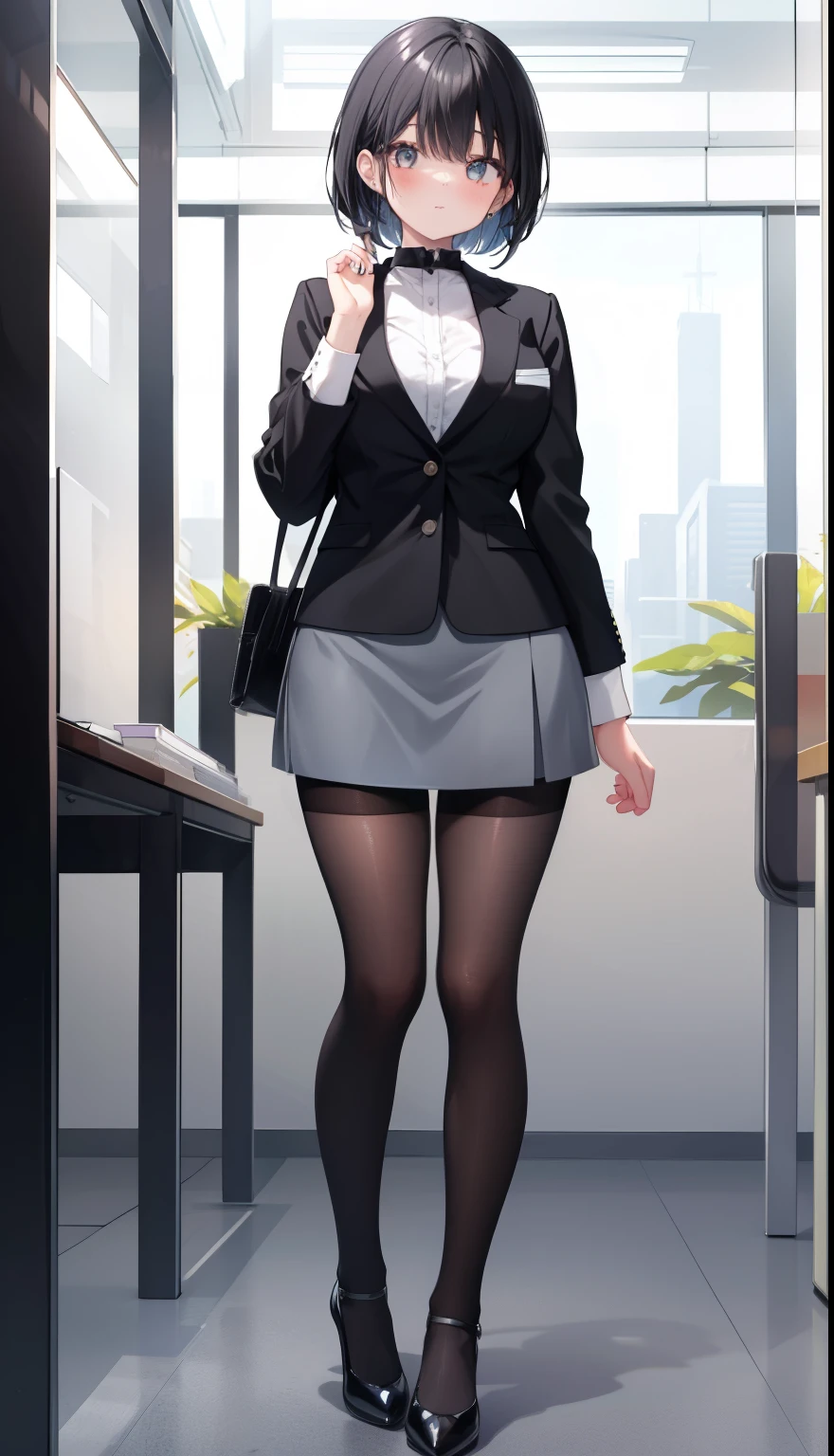 One Girl、positive、Standing posture、Full body portrait、Black Hair、Medium Haircut、blush、Absolute area、Black knee-high socks、Knee-length、stockings、Black Pantyhose、White underwear、Light blue shirt、Blue-gray business suit、Grey tight mini skirt、Japanese office lady、Summer clothes、office、Daytime、(Very large breasts)、((Lesbians all over))、masterpiece、(highest quality)、
Panties around the ankles、Black high heels