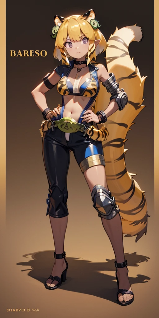 (Masterpiece, best quality, 4k) (black gyaru darkest skin) (pointy ears) (tiger tail) wearing yellowish tiger print bikini, hands on hips, full body golden = (shackles wristbands, chains, bracers, handcuffs) leather collar choker, metal sandals, big knockers, happy closed mouth red cheeks