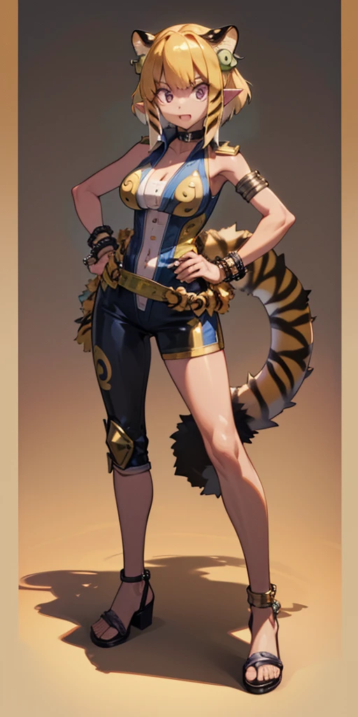 (Masterpiece, best quality, 4k) (black gyaru darkest skin) (pointy ears) (tiger tail) wearing yellowish tiger print bikini, hands on hips, full body golden = (shackles wristbands, chains, bracers, handcuffs) leather collar choker, metal sandals, big knockers, happy closed mouth red cheeks