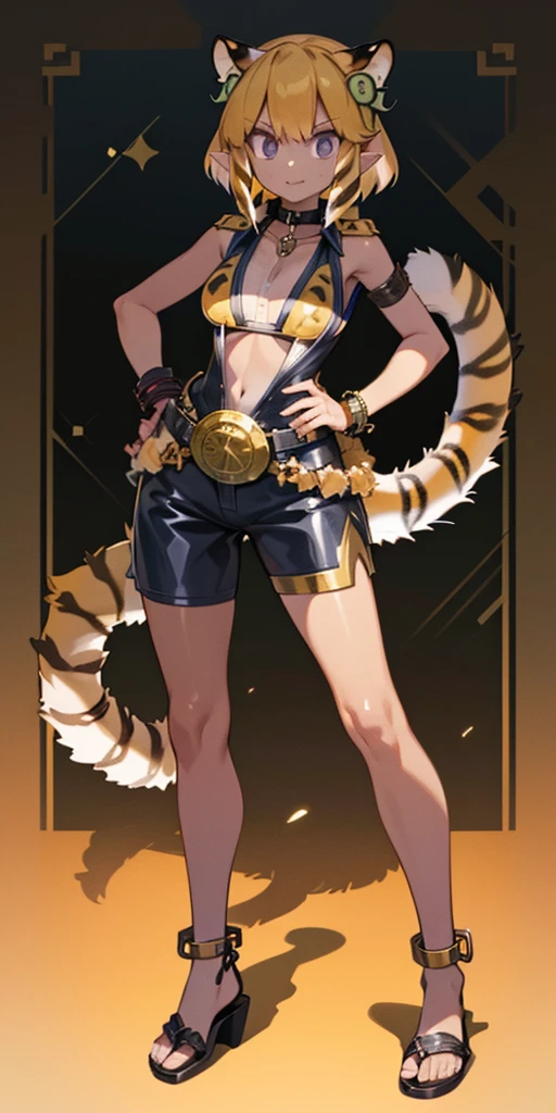 (Masterpiece, best quality, 4k) (black gyaru darkest skin) (pointy ears) (tiger tail) wearing yellowish tiger print bikini, hands on hips, full body golden = (shackles wristbands, chains, bracers, handcuffs) leather collar choker, metal sandals, big knockers, happy closed mouth red cheeks